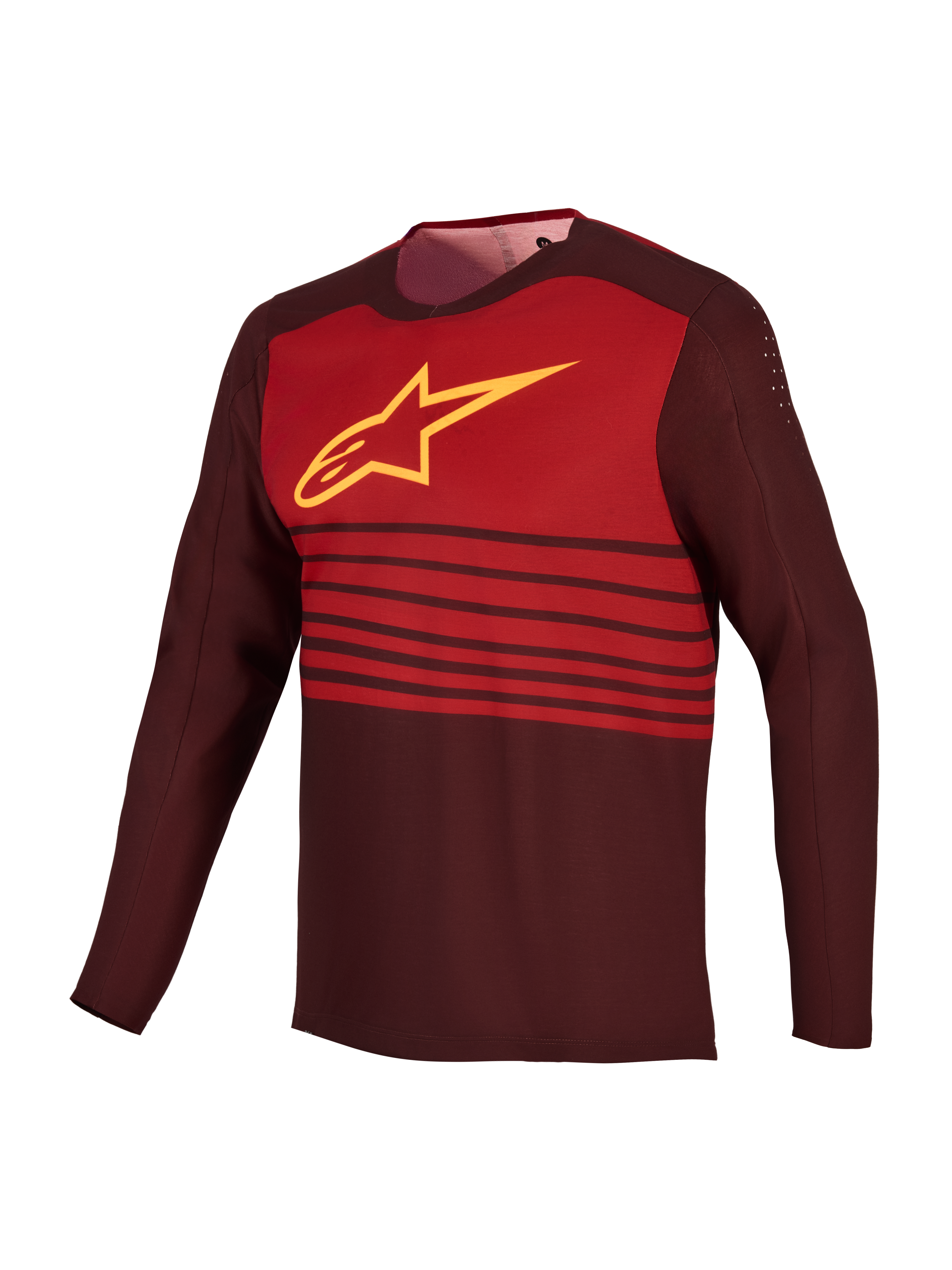 A-Dura Elite 2.0 langærmet MTB-trøje i bordeaux med gult Astars-logo, rødt brystpanel og ventileret polyester.