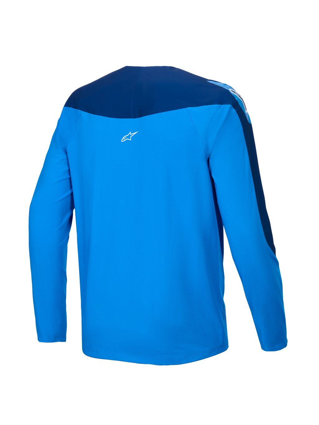 Alpinestars A-Supra Melt Jersey, long-sleeve MTB mountain biking jersey, back view showing blue and dark blue colorway, lightweight micro-perforated polyester with stretch panels