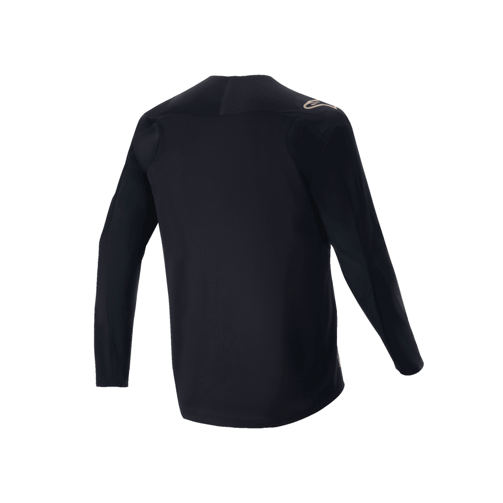Alpinestars A-Aria Polartec Switch langærmet jersey, sort, mountainbike-jersey set bagfra, med et lille tan-farvet logo på skulderen og drop tail-kant, teknisk fugttransporterende materiale til terrænkørsel