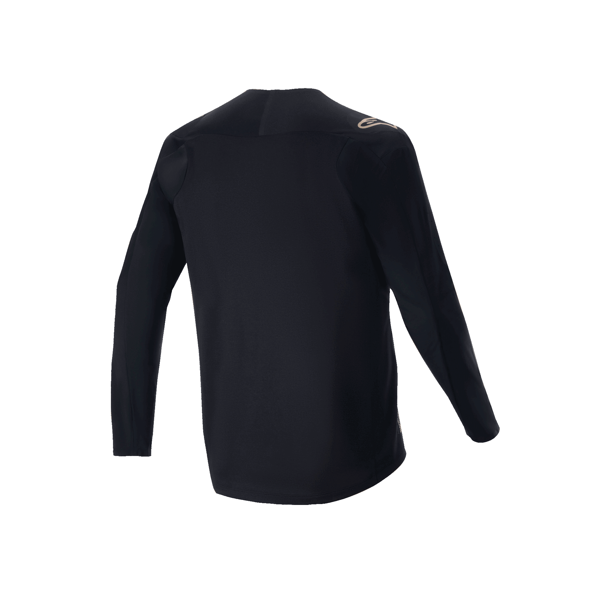 Alpinestars A-Aria Polartec Switch langærmet jersey, sort, mountainbike-jersey set bagfra, med et lille tan-farvet logo på skulderen og drop tail-kant, teknisk fugttransporterende materiale til terrænkørsel