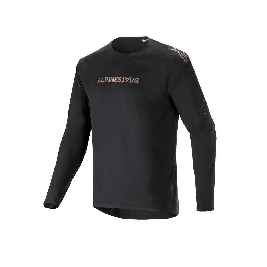 Alpinestars A-Aria Polartec Switch langærmet jersey, sort, mountainbike-jersey med guldfarvet Alpinestars-branding på brystet og skuldrene, laserperforerede ærmer og fugttransporterende Polartec-stof til off-road performance