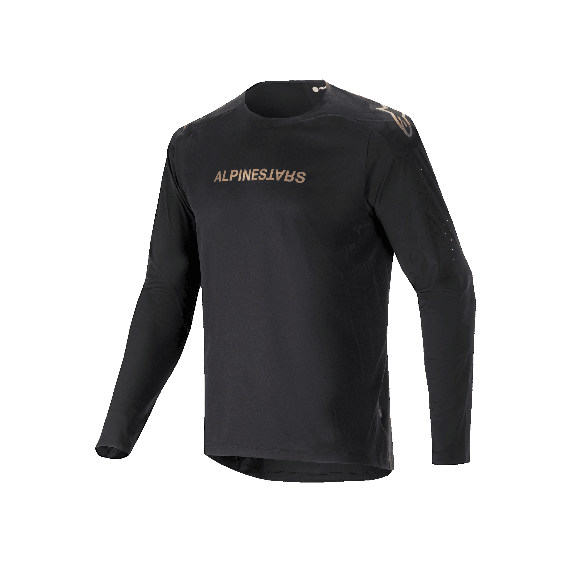 Alpinestars A-Aria Polartec Switch langærmet jersey, sort, mountainbike-jersey med guldfarvet Alpinestars-branding på brystet og skuldrene, laserperforerede ærmer og fugttransporterende Polartec-stof til off-road performance