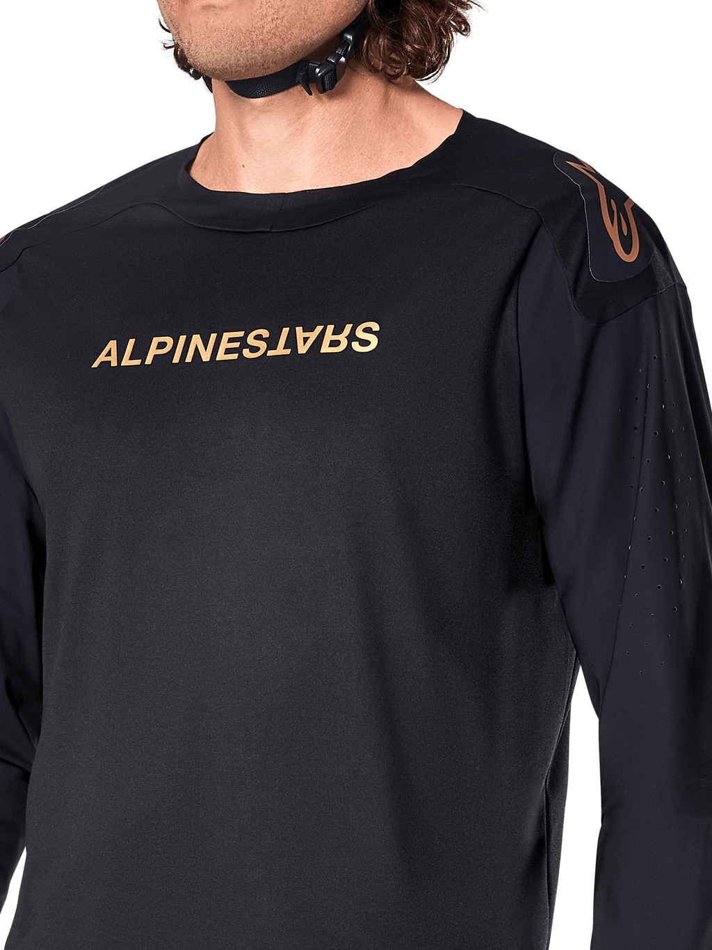 Alpinestars A-Aria Polartec Switch langærmet jersey, sort, med bronze Alpinestars-branding på brystet og skulderen, laserperforeringer på ærmerne til ventilation, teknisk performance MTB-beklædning