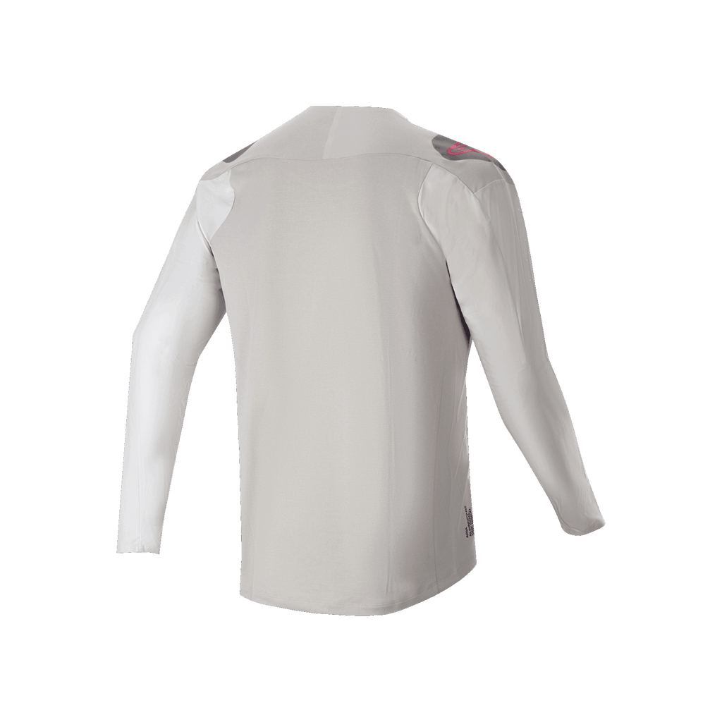 Alpinestars A-Aria Polartec Switch langærmet jersey, set bagfra, lysegrå med mørkegrå skulderpaneler og lyserøde logo-accenter, performance-strækstof med drop tail-design, beklædning til mountainbike-trail-kørsel