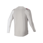 Alpinestars A-Aria Polartec Switch langærmet jersey, set bagfra, lysegrå med mørkegrå skulderpaneler og lyserøde logo-accenter, performance-strækstof med drop tail-design, beklædning til mountainbike-trail-kørsel