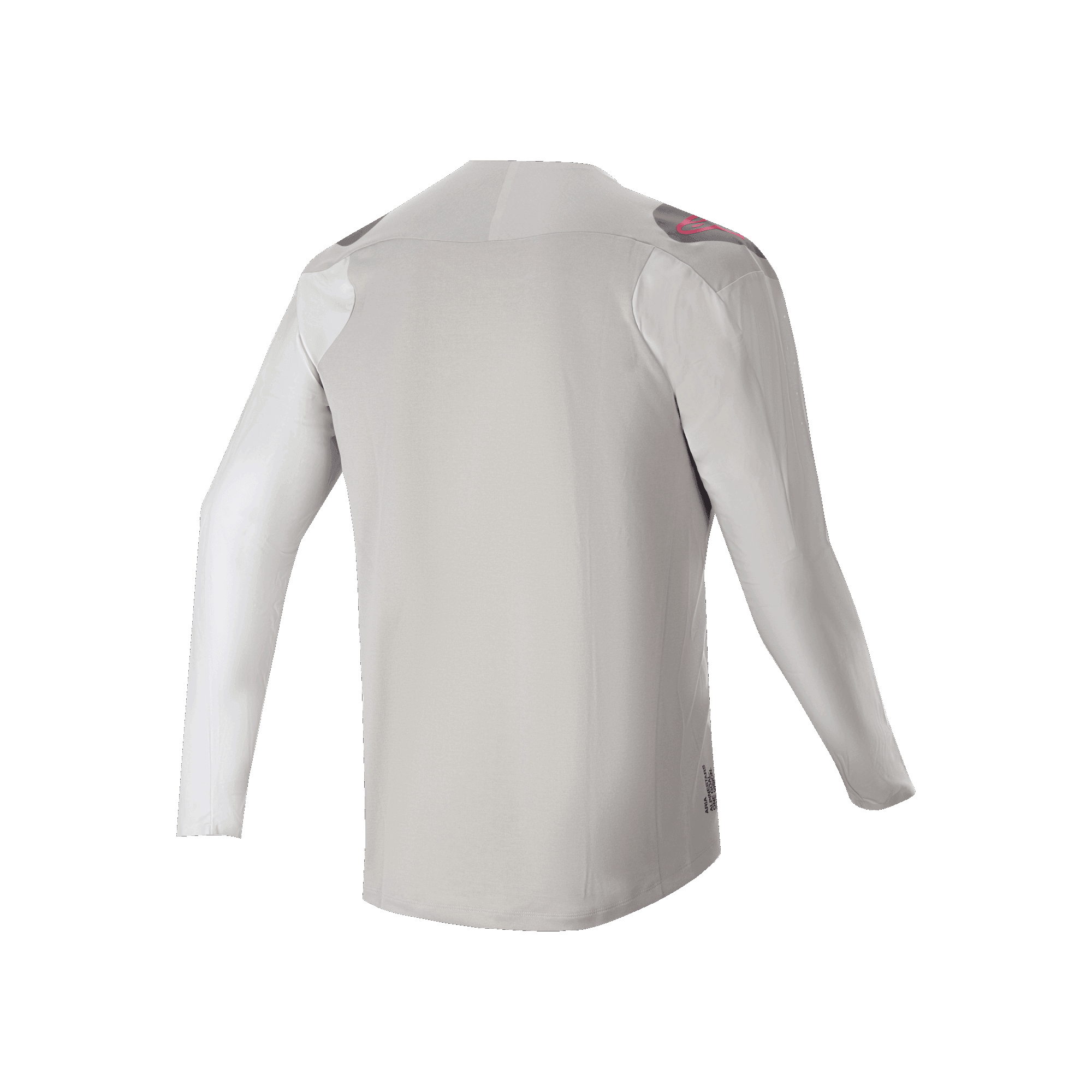 Alpinestars A-Aria Polartec Switch langærmet jersey, set bagfra, lysegrå med mørkegrå skulderpaneler og lyserøde logo-accenter, performance-strækstof med drop tail-design, beklædning til mountainbike-trail-kørsel