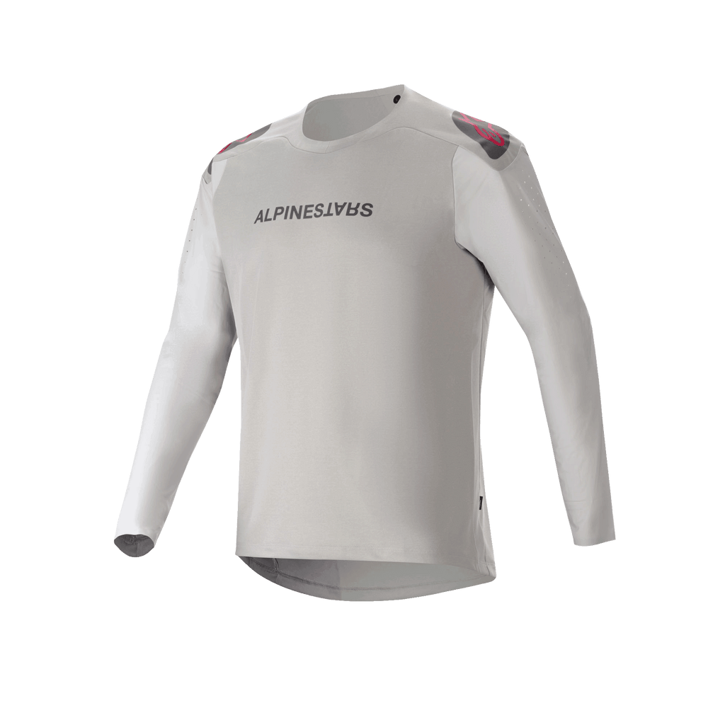 Alpinestars A-Aria Polartec Switch Jersey - langærmet, lysegrå mountainbike-jersey med sort branding på brystet, røde og sorte detaljer på skuldrene og laserperforerede ærmer for ventilation