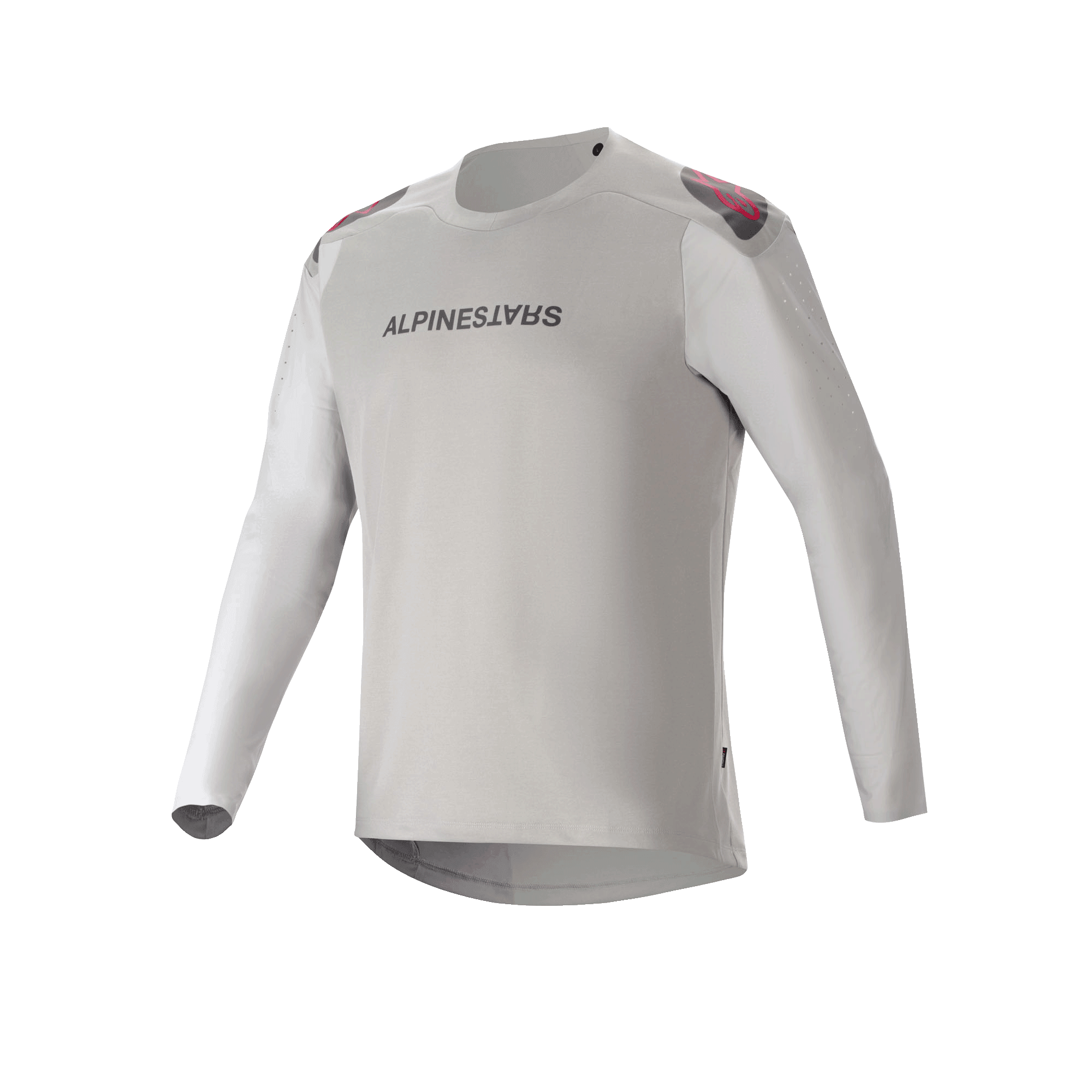Alpinestars A-Aria Polartec Switch Jersey - langærmet, lysegrå mountainbike-jersey med sort branding på brystet, røde og sorte detaljer på skuldrene og laserperforerede ærmer for ventilation
