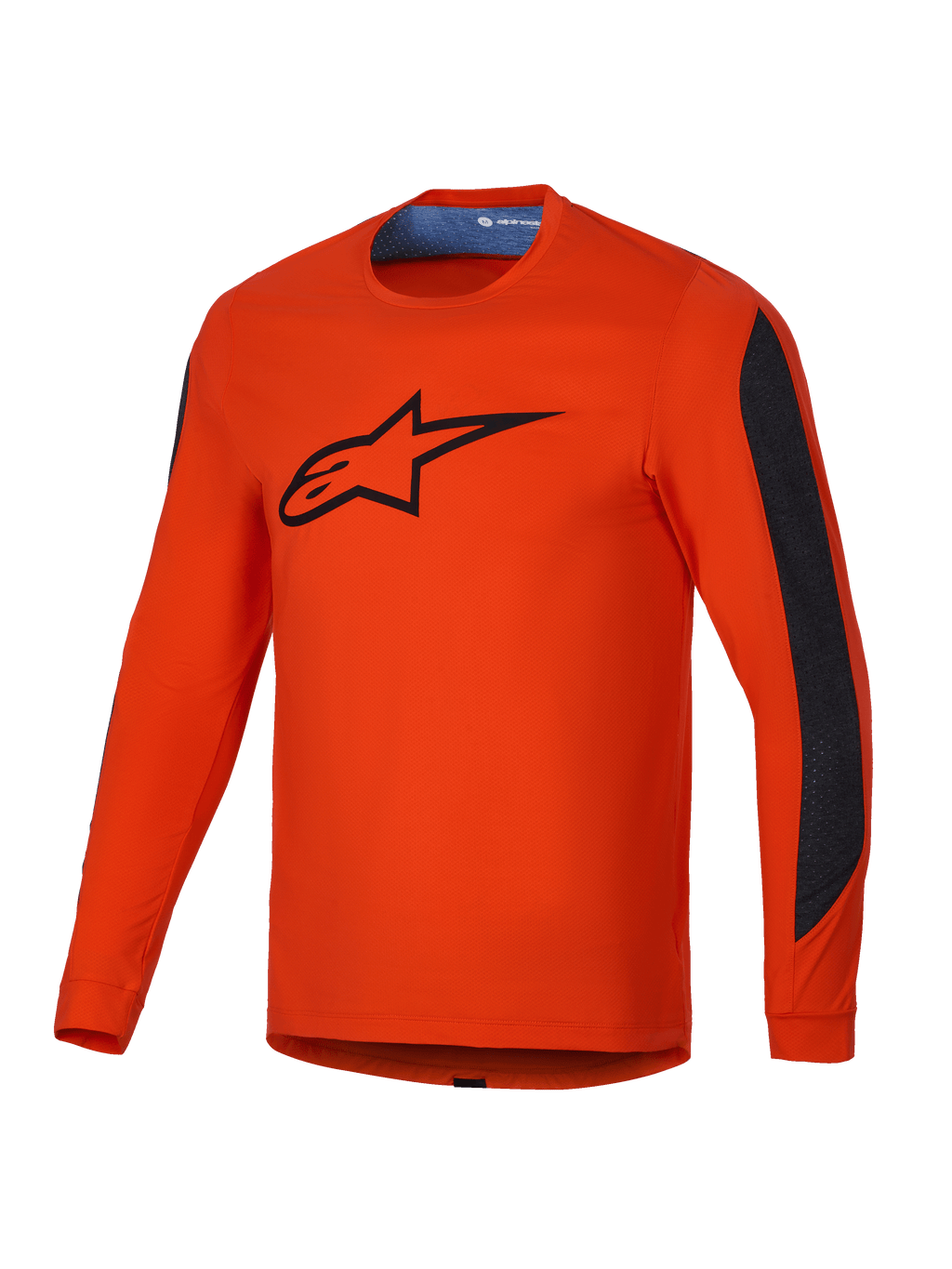 Alpinestars A-Dura Insert Astar Trøje, orange langærmet MTB trøje med sorte kontrastpaneler og sort Astars-logo på brystet, holdbar tekstilkonstruktion til terrænkørsel