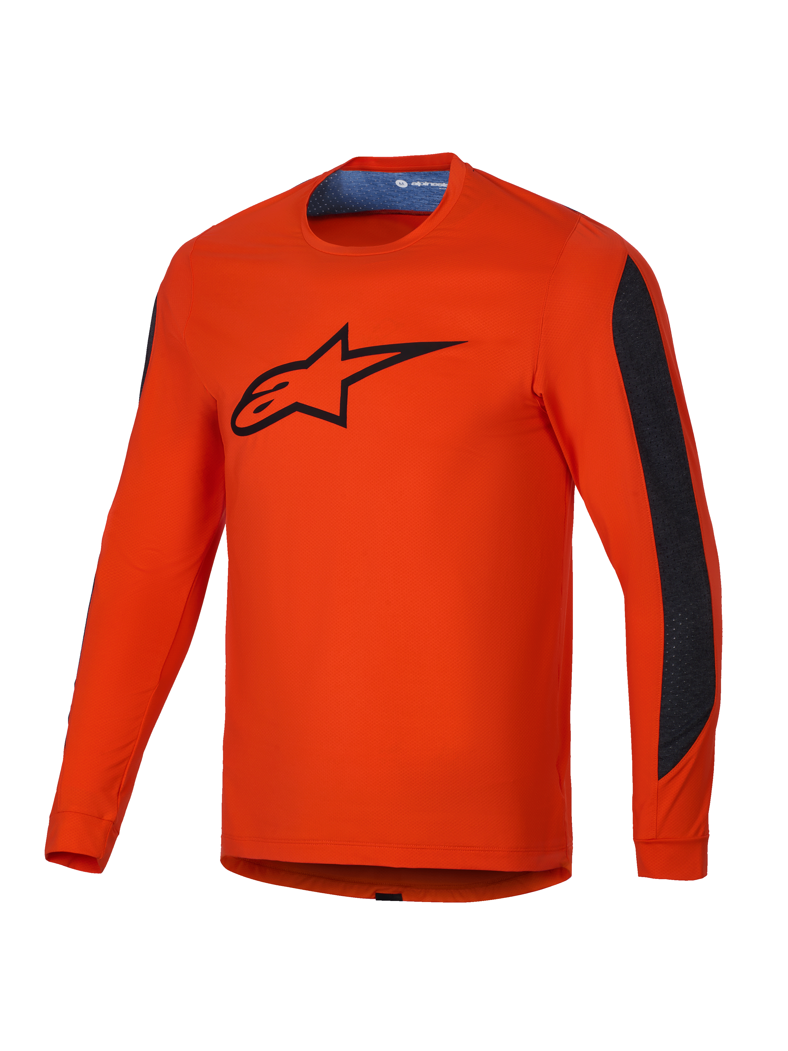 Alpinestars A-Dura Insert Astar Trøje, orange langærmet MTB trøje med sorte kontrastpaneler og sort Astars-logo på brystet, holdbar tekstilkonstruktion til terrænkørsel