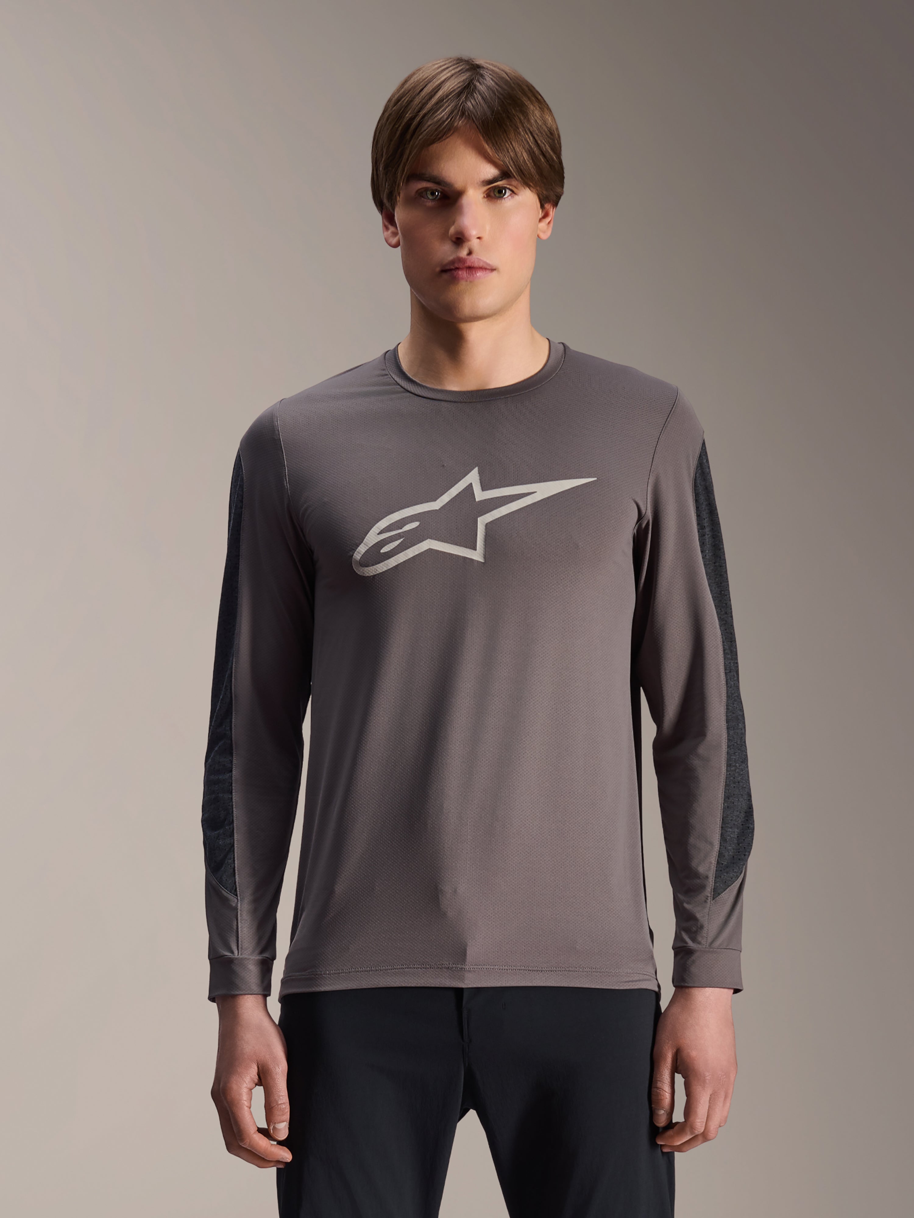 Alpinestars A-Dura Insert Astar Jersey, Long Sleeve MTB Jersey, Dark Gray with light gray Astar logo, featuring dark gray reinforced sleeve panels, crew neck, technical mountain biking gear
