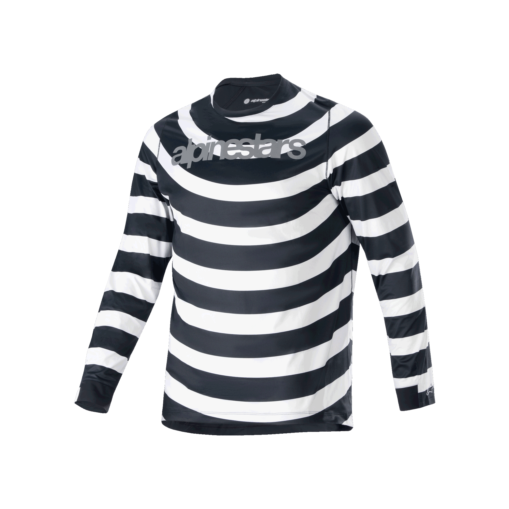 Alpinestars A-Aria Oscar Jersey, langærmet MTB-trøje, sorte og hvide spiralformede vandrette striber, gråt Alpinestars-logo på brystet, let og åndbart performance-cykeludstyr