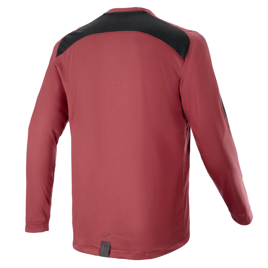 Alpinestars A-Dura Dri Astar langærmet jersey, burgundy, mountainbike-jersey, set bagfra med sort mesh-ventilationspanel på skuldrene, lange ærmer, teknisk performance-materiale til off-road cykling
