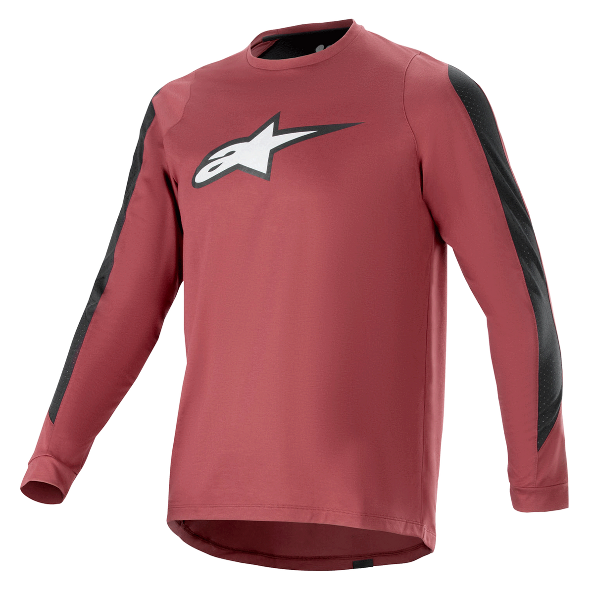 Alpinestars A-Dura Dri Astar Long Sleeve Jersey, Burgundy and Black, moisture-wicking drirelease fabric, crew neck, white Astar logo on chest, black mesh panels on sleeves, performance mountain bike apparel