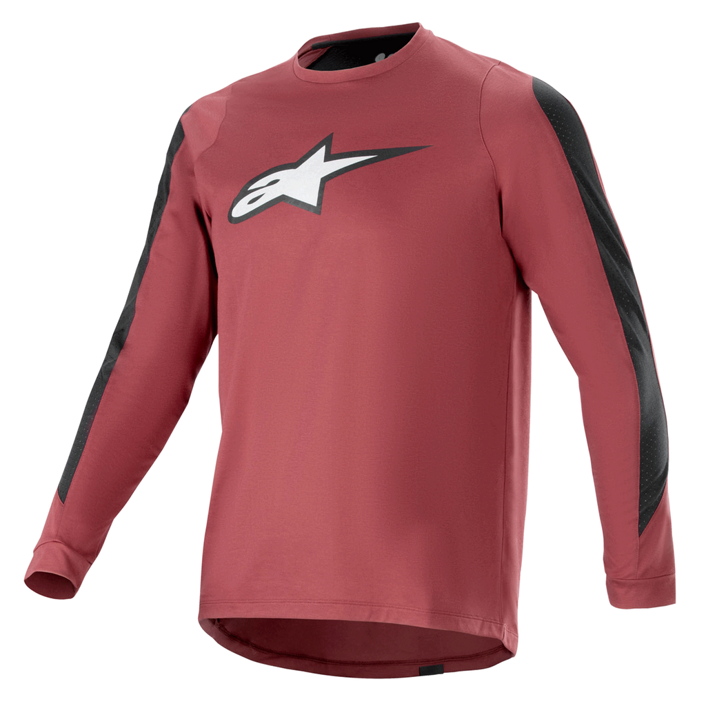Alpinestars A-Dura Dri Astar langærmet trøje, bordeauxrød og sort, fugttransporterende drirelease-materiale, crew neck, hvidt Astar-logo på brystet, sorte mesh-paneler på ærmerne, performance mountainbike-beklædning