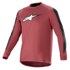 Alpinestars A-Dura Dri Astar langærmet trøje, bordeauxrød og sort, fugttransporterende drirelease-materiale, crew neck, hvidt Astar-logo på brystet, sorte mesh-paneler på ærmerne, performance mountainbike-beklædning