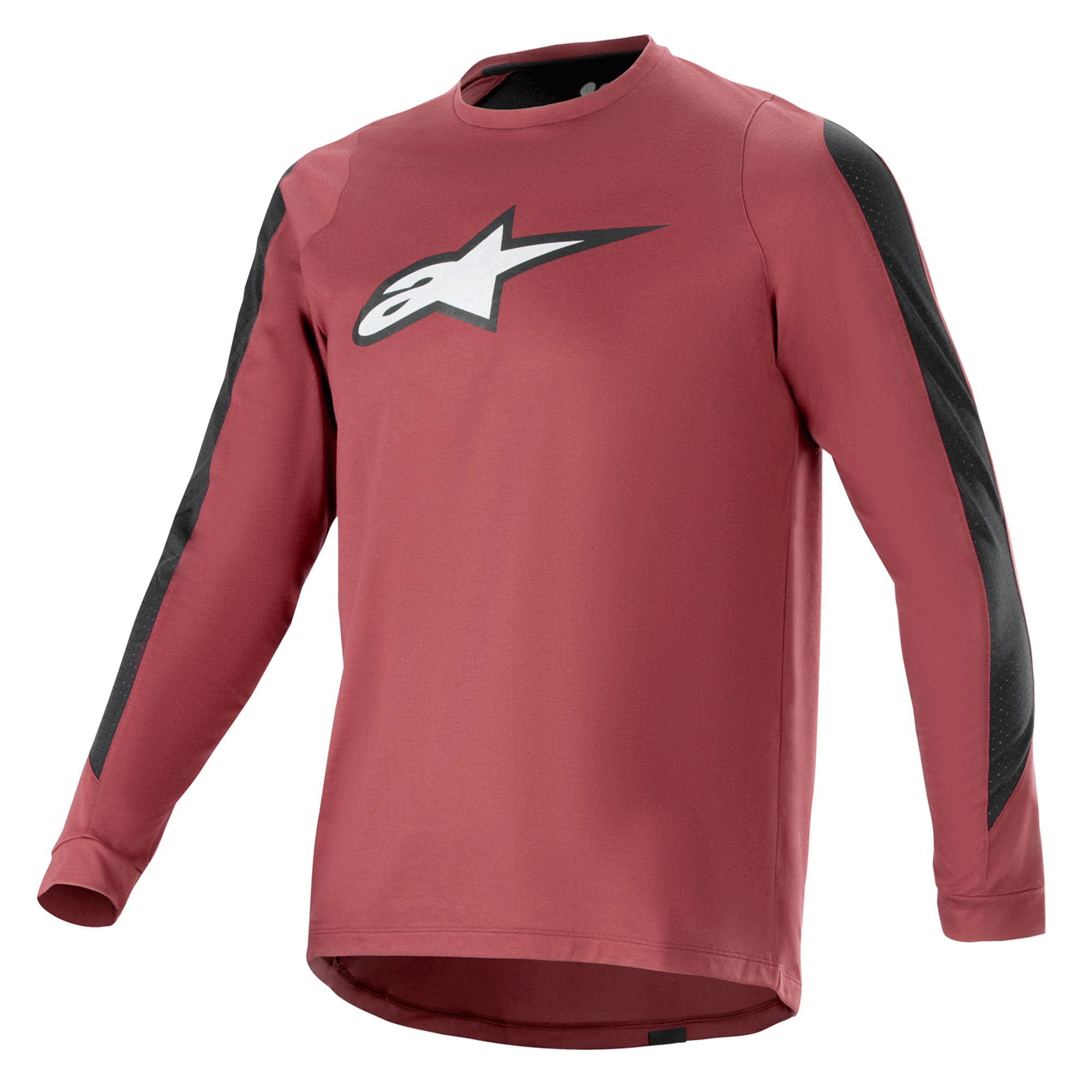 Alpinestars A-Dura Dri Astar langærmet trøje, bordeauxrød og sort, fugttransporterende drirelease-materiale, crew neck, hvidt Astar-logo på brystet, sorte mesh-paneler på ærmerne, performance mountainbike-beklædning