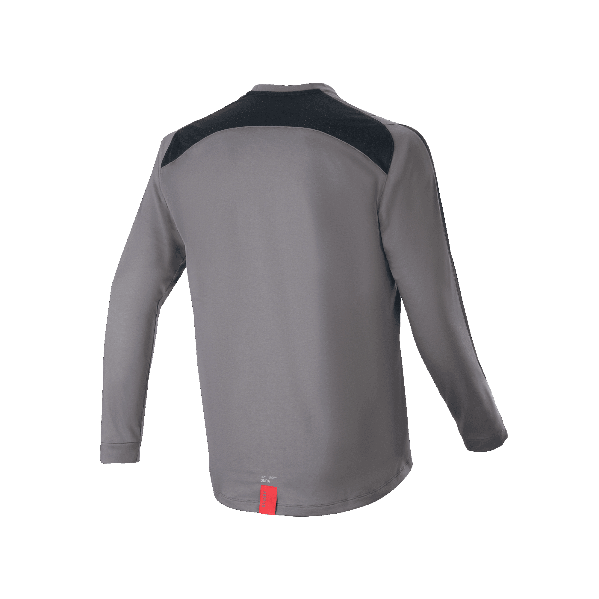 Alpinestars A-Dura Dri Astar langærmet jersey, mørkegrå, set bagfra med sorte mesh-ventilationspaneler over skuldrene og et lille rødt mærke ved sømmen, teknisk mountainbike-tøj