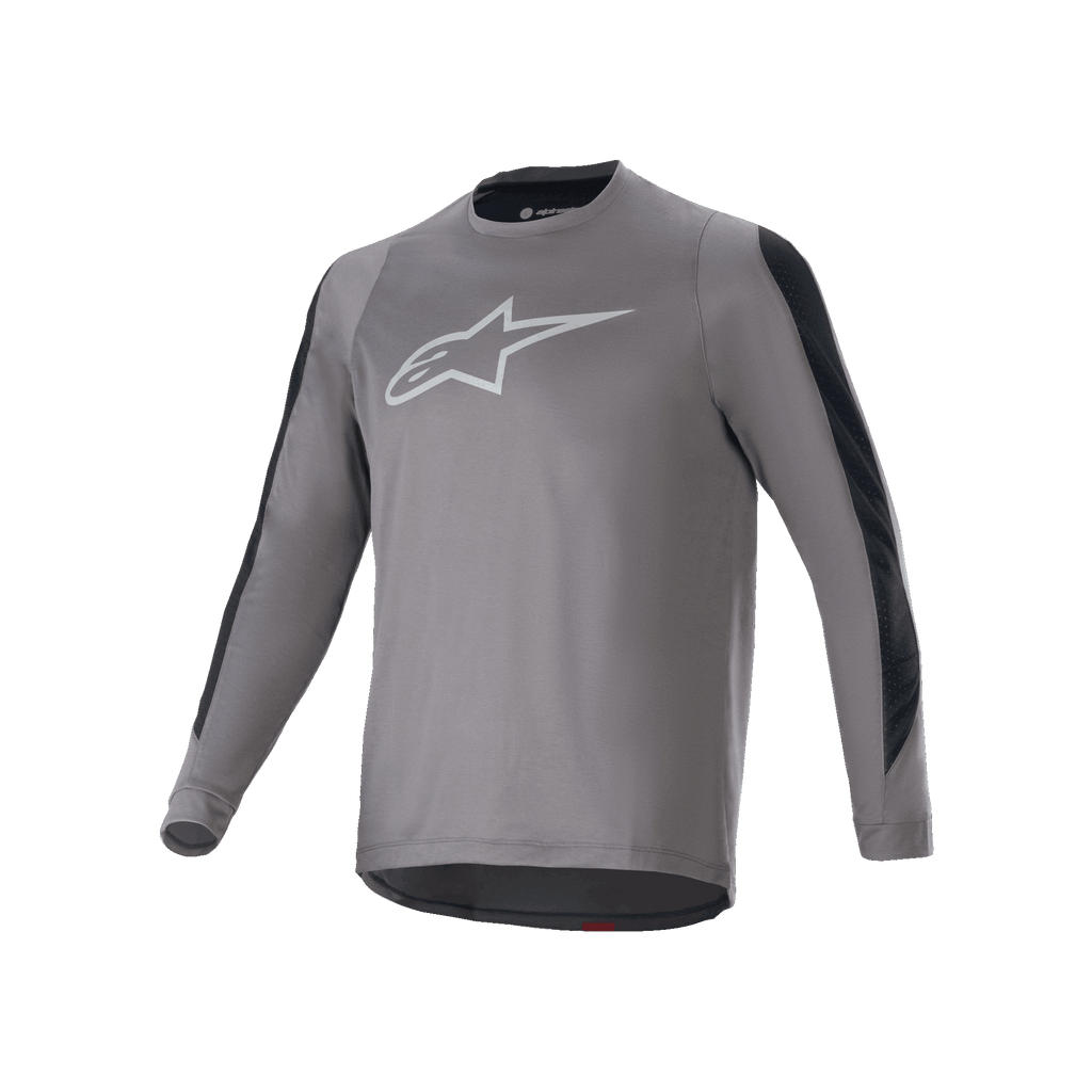Alpinestars A-Dura Dri Astar langærmet trøje, mørkegrå med hvidt Astars-logo på brystet, sorte mesh-ventilationspaneler på ærmerne, performance cykeludstyr til MTB