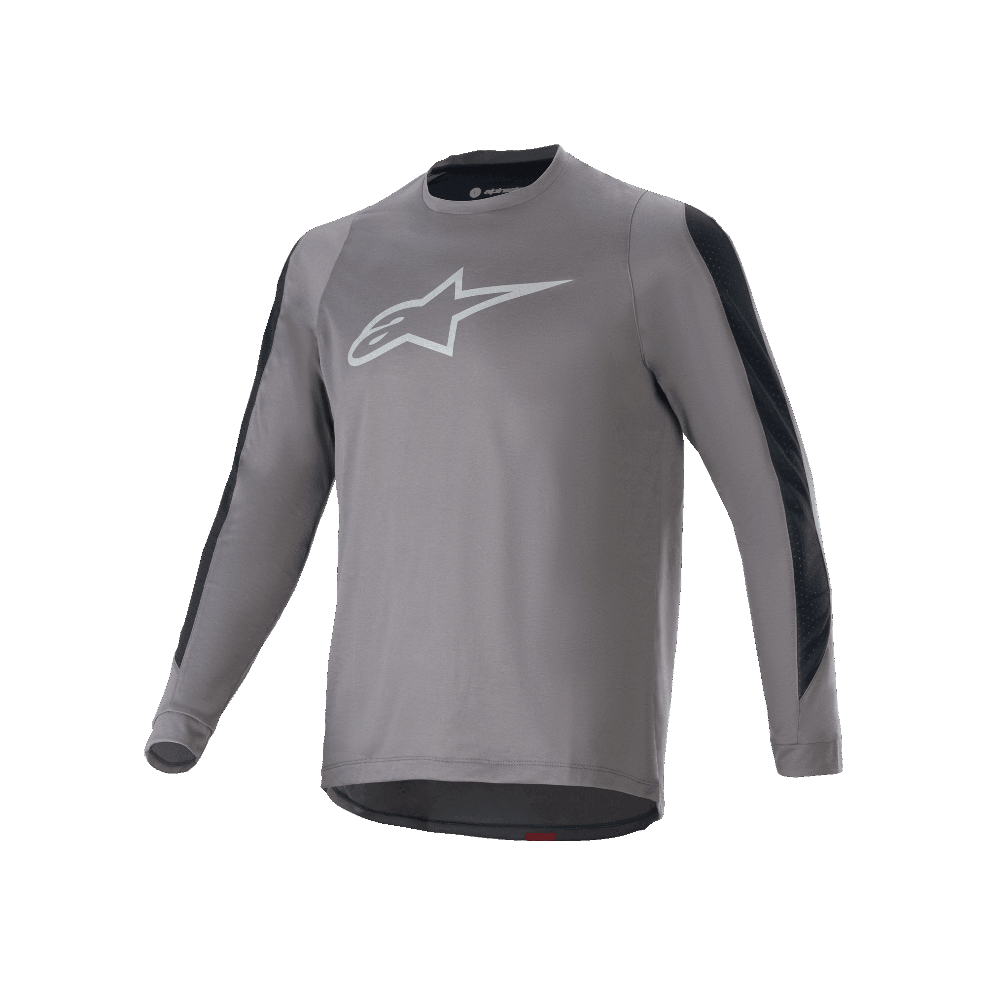 Alpinestars A-Dura Dri Astar langærmet trøje, mørkegrå med hvidt Astars-logo på brystet, sorte mesh-ventilationspaneler på ærmerne, performance cykeludstyr til MTB