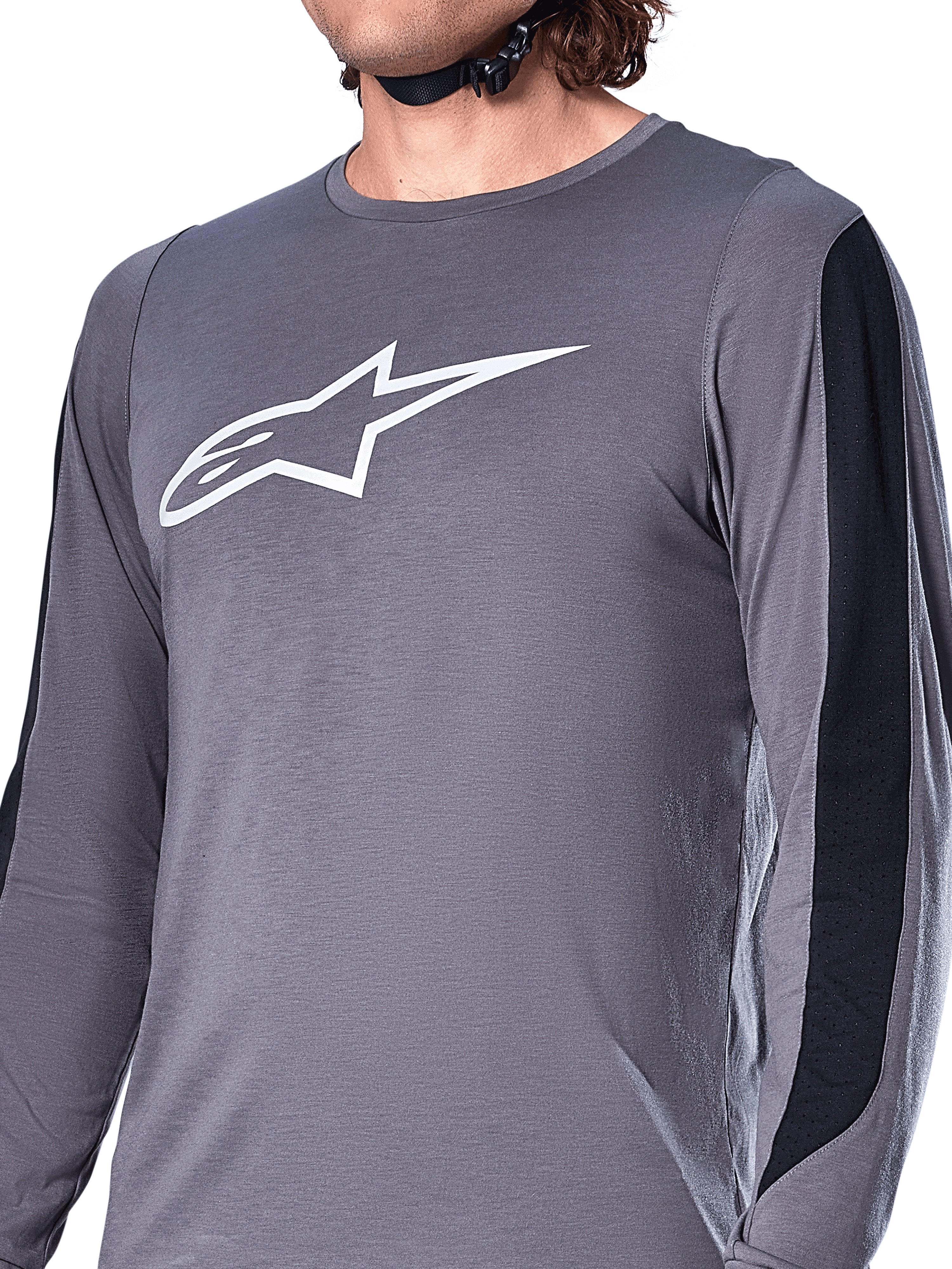Alpinestars A-Dura Dri Astar Jersey, langærmet, mørkegrå, hvidt Astars-logo på brystet, sorte mesh-paneler på ærmerne, performance mountainbike-tøj