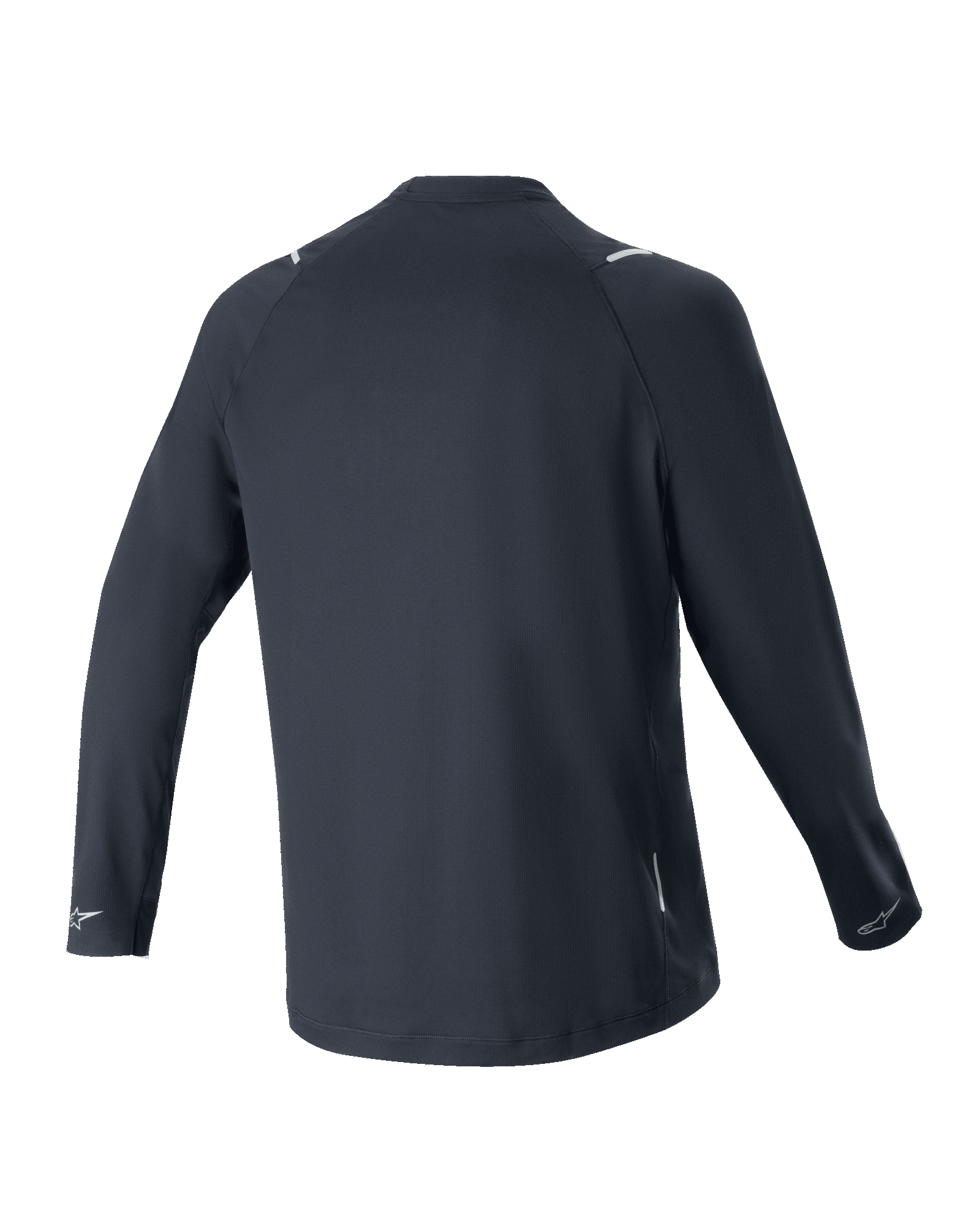 Alpinestars A-Aria Switch langærmet jersey, sort, set bagfra, letvægts og åndbart polyesterstof, med et længere rygstykke for dækning og reflekterende Alpinestars-logoer på manchetterne, performance fit til mountainbike-kørsel