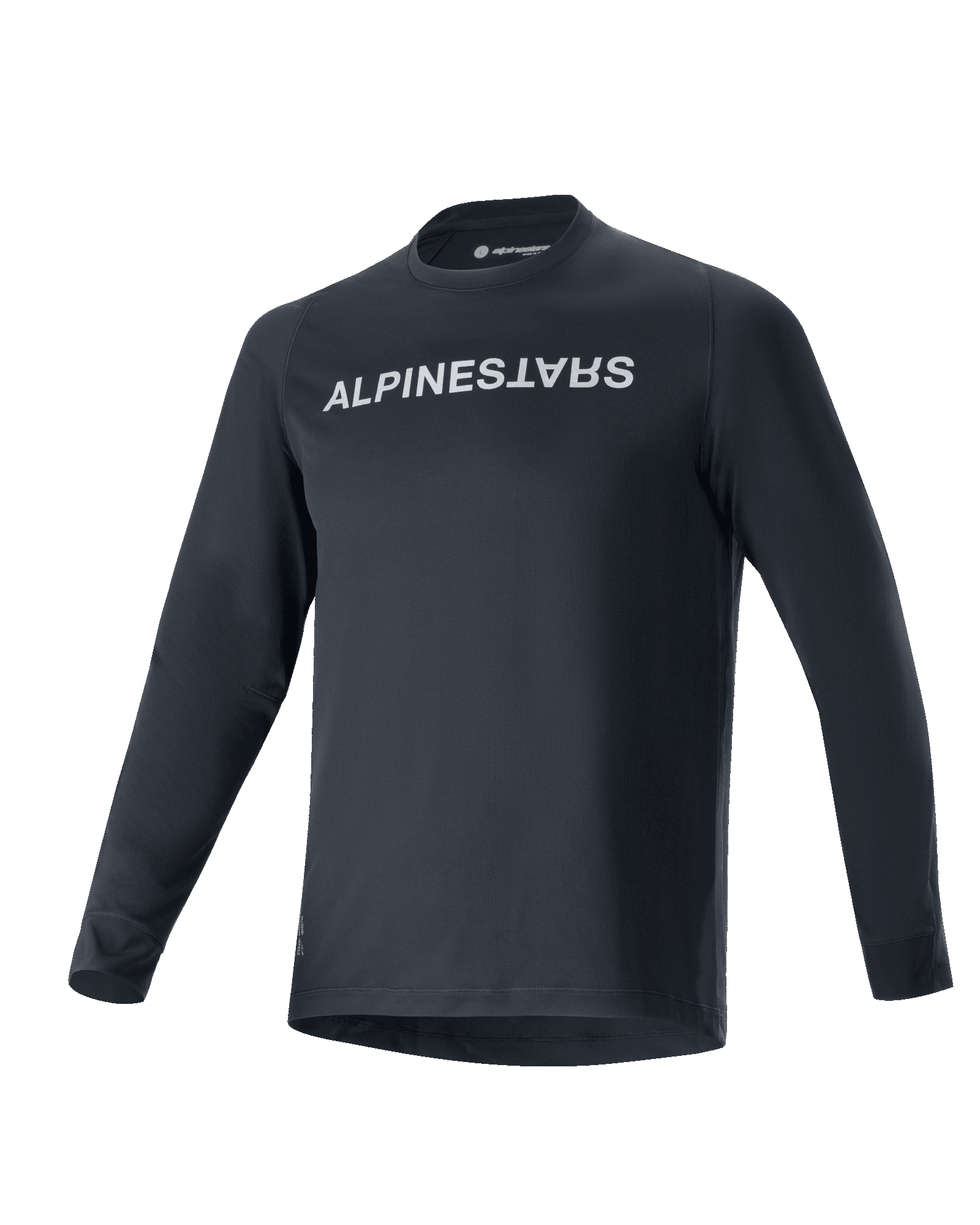 Alpinestars A-Aria Switch langærmet trøje, MTB-cykeltrøje, sort, fremtrædende hvidt Alpinestars-logo på brystet, rund hals, letvægts åndbart stof, performance fit til off-road kørsel