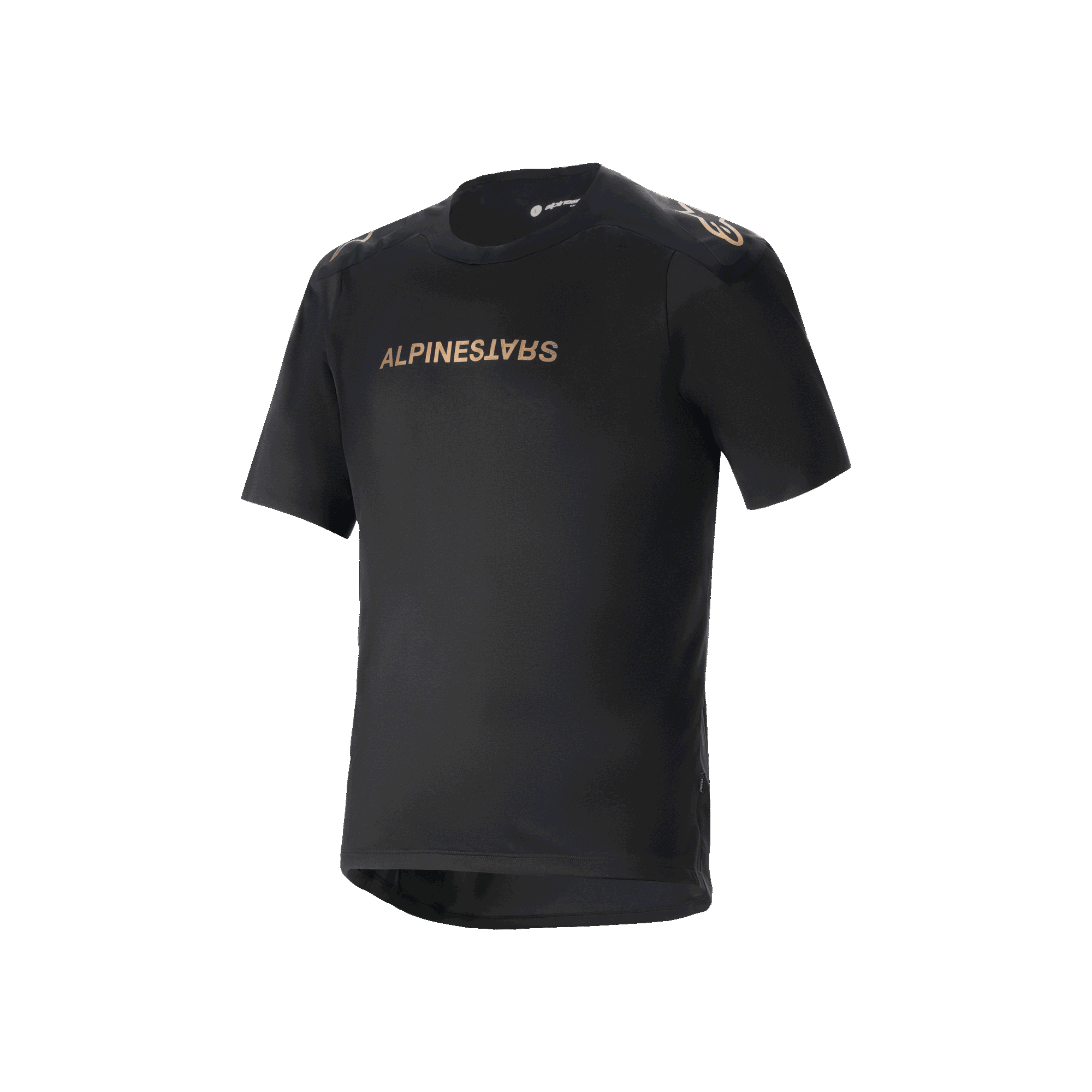 Alpinestars A-Aria Polartec Switch kortærmet trøje, sort mountainbike-trøje, bronze-tonet Alpinestars-branding på bryst og skuldre, teknisk fugttransporterende stof, performance fit med forlænget rygstykke