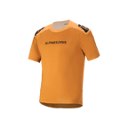 Alpinestars A-Aria Polartec Switch kortærmet jersey, mørk guld, sort Alpinestars-tekst på brystet, logoer på skuldrene, teknisk mountainbike-beklædning med drop tail-design