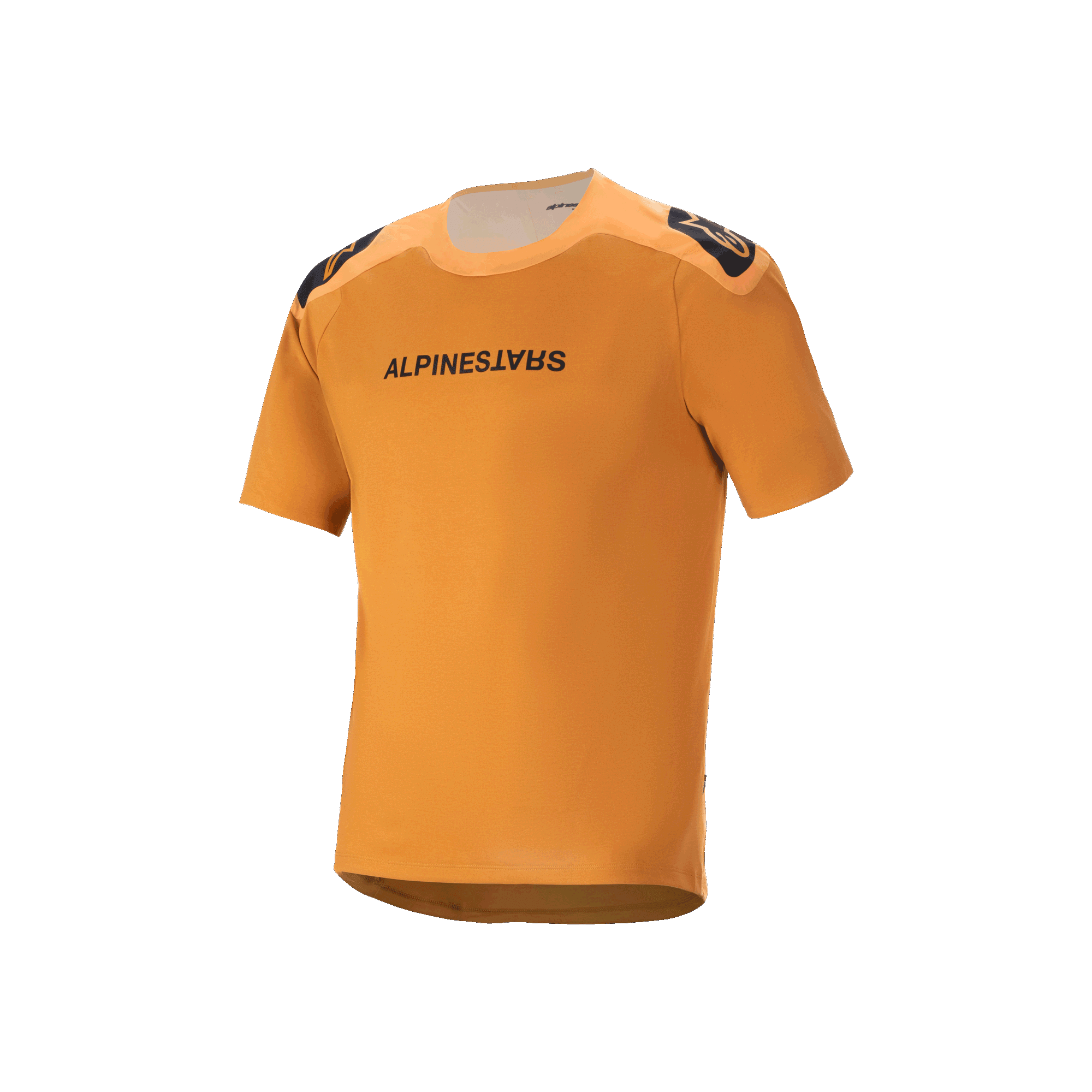 Alpinestars A-Aria Polartec Switch kortærmet jersey, mørk guld, sort Alpinestars-tekst på brystet, logoer på skuldrene, teknisk mountainbike-beklædning med drop tail-design