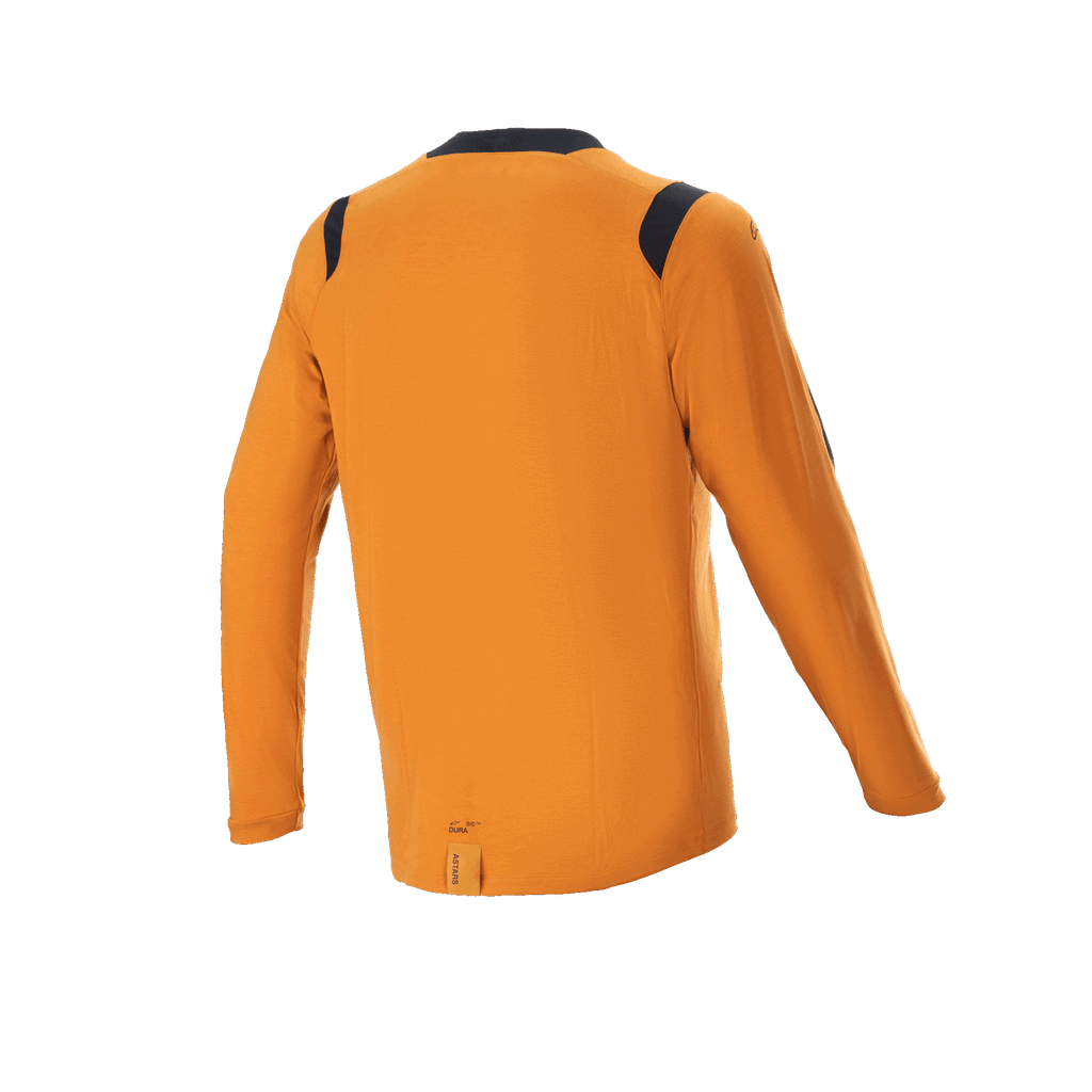 Alpinestars A-Dura Dri Wool langærmet trøje, mørk guld, set bagfra med sorte mesh-paneler på skuldrene og kraven, teknisk mountainbike-tøj med en længere drop tail