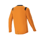 Alpinestars A-Dura Dri Wool langærmet trøje, mørk guld, set bagfra med sorte mesh-paneler på skuldrene og kraven, teknisk mountainbike-tøj med en længere drop tail
