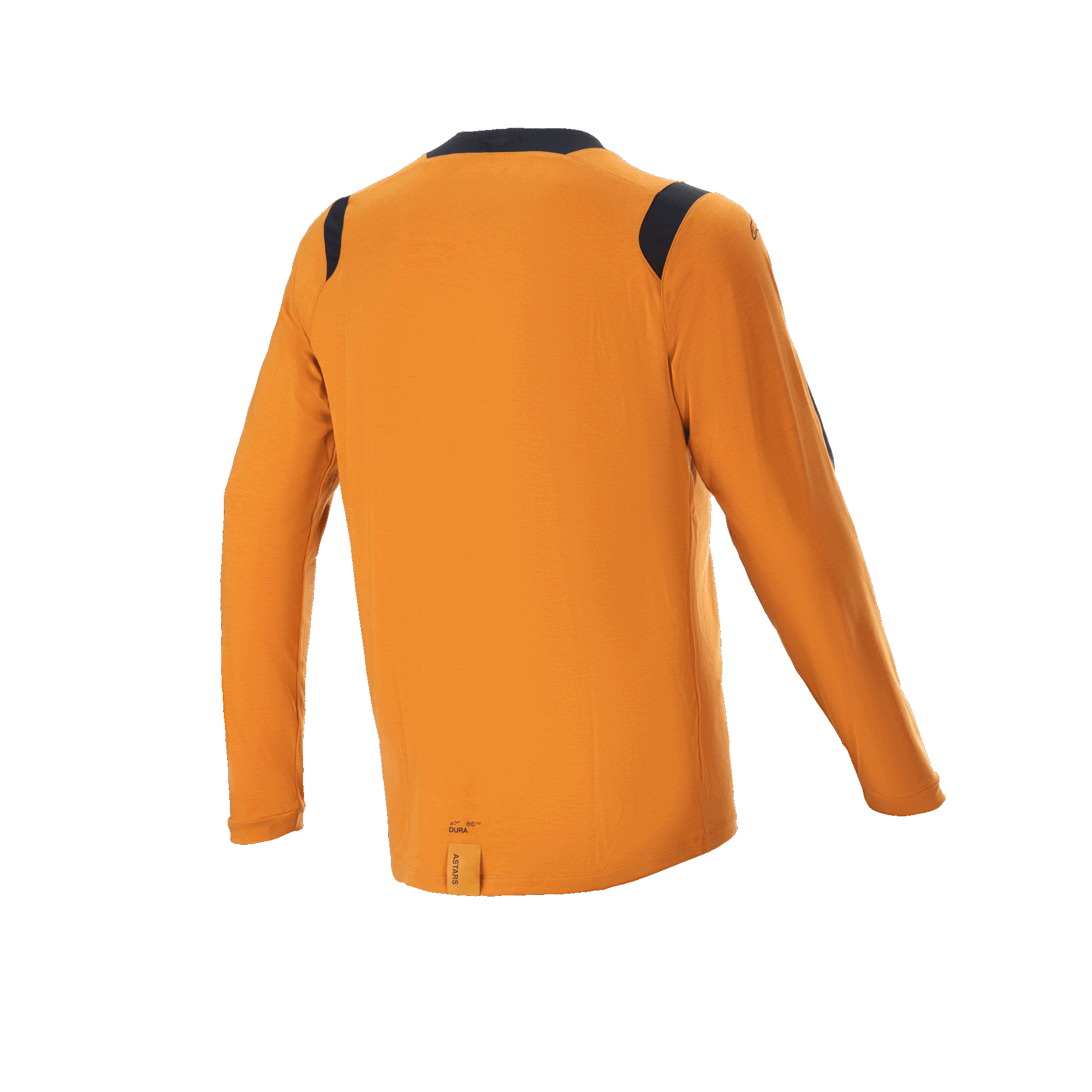 Alpinestars A-Dura Dri Wool langærmet trøje, mørk guld, set bagfra med sorte mesh-paneler på skuldrene og kraven, teknisk mountainbike-tøj med en længere drop tail