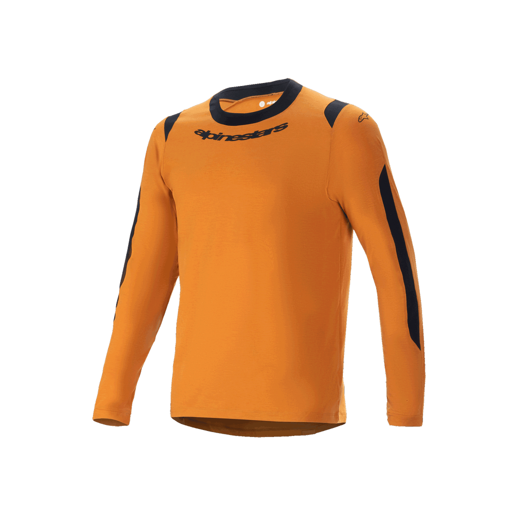 Alpinestars A-Dura Dri Wool trøje - langærmet, mountainbike-trøje, mørk guld, sort rund hals og mesh-paneler på skuldre og arme, Alpinestars-logo på brystet, teknisk uldblanding til trail-kørsel