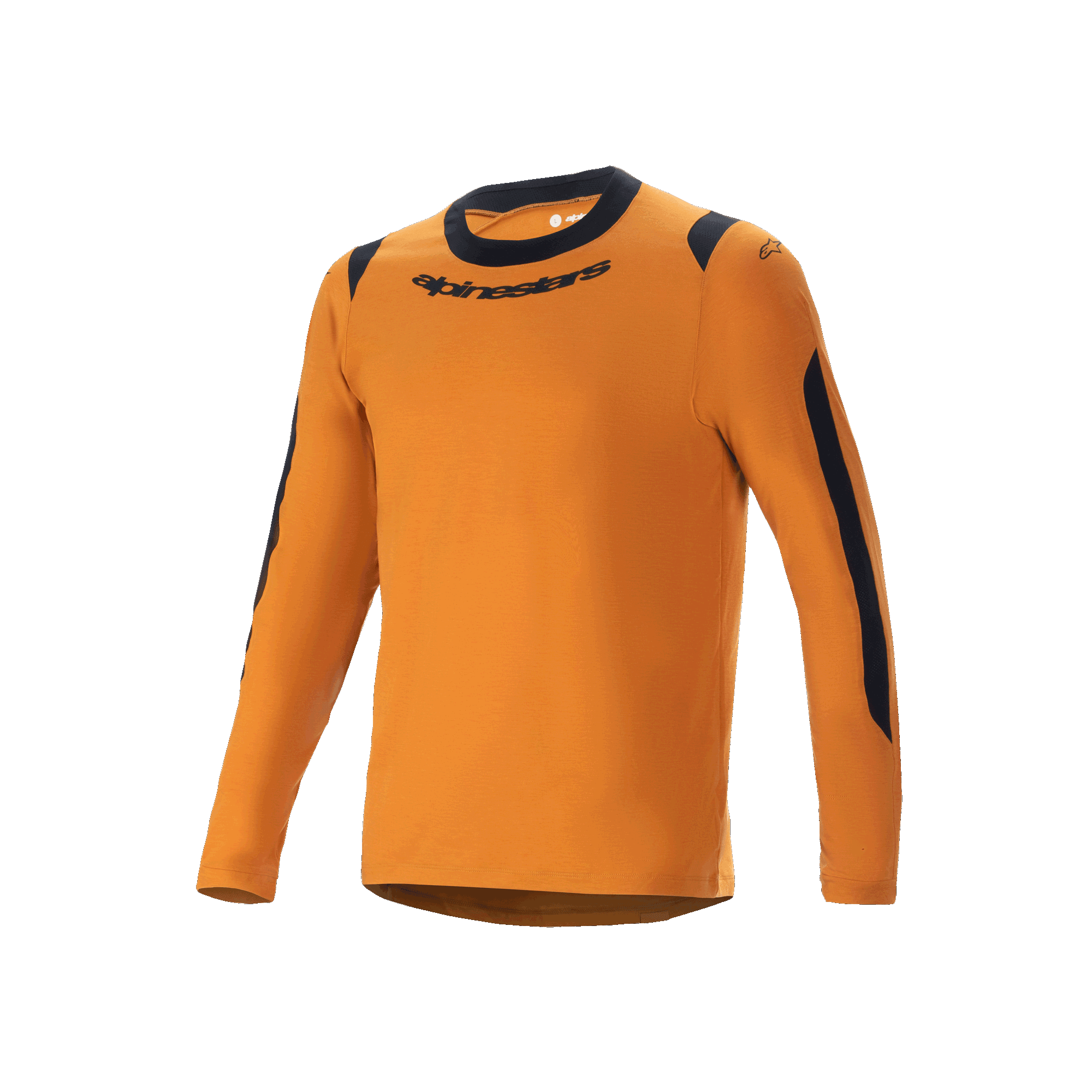 Alpinestars A-Dura Dri Wool trøje - langærmet, mountainbike-trøje, mørk guld, sort rund hals og mesh-paneler på skuldre og arme, Alpinestars-logo på brystet, teknisk uldblanding til trail-kørsel