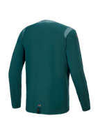 Alpinestars A-Dura Dri Wool langærmet trøje, Dark Pine, set bagfra med mesh-paneler på skuldre og krave, teknisk uldblandingsmateriale, forlænget rygstykke til MTB-dækning, lille orange branding nederst på kanten