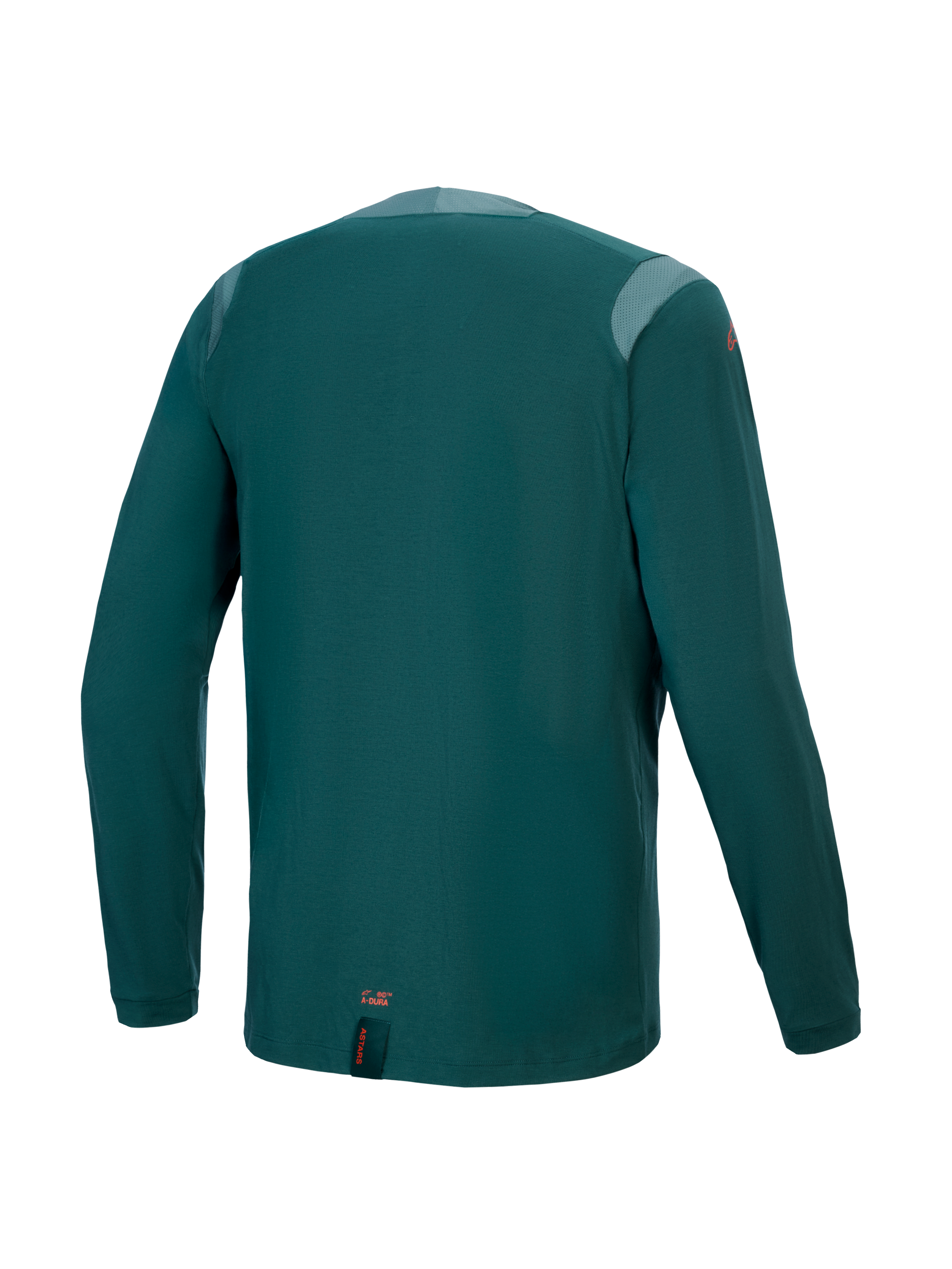 Alpinestars A-Dura Dri Wool langærmet trøje, Dark Pine, set bagfra med mesh-paneler på skuldre og krave, teknisk uldblandingsmateriale, forlænget rygstykke til MTB-dækning, lille orange branding nederst på kanten