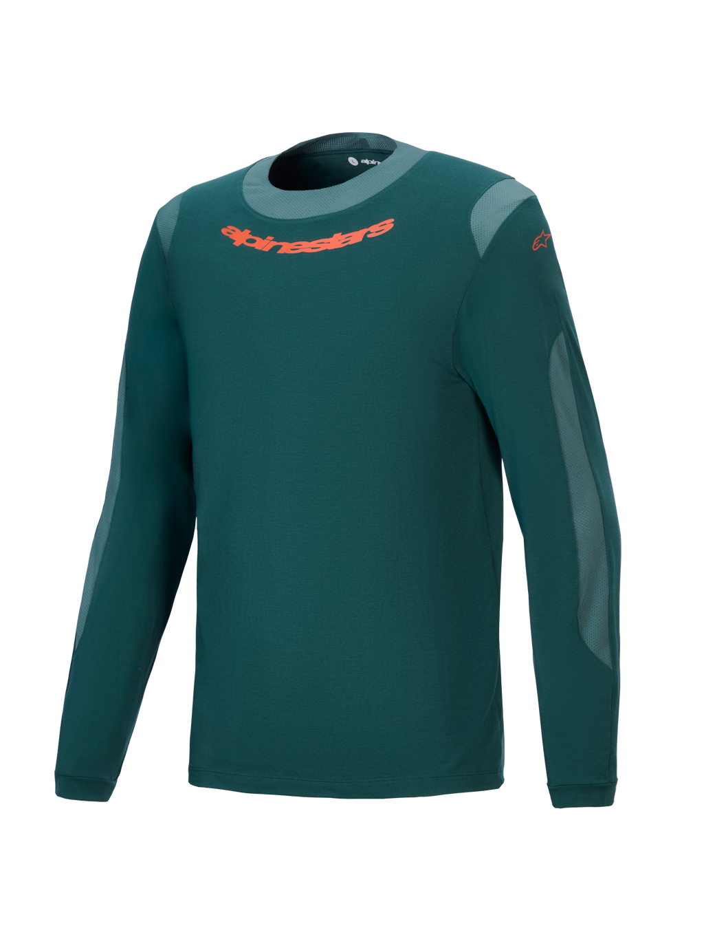 Alpinestars A-Dura Dri Wool Jersey langærmet trøje, mørkegrøn, performance mountainbike-trøje med orange logo på brystet, lysegrå mesh-paneler og rund hals