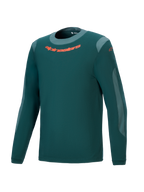 Alpinestars A-Dura Dri Wool Jersey langærmet trøje, mørkegrøn, performance mountainbike-trøje med orange logo på brystet, lysegrå mesh-paneler og rund hals