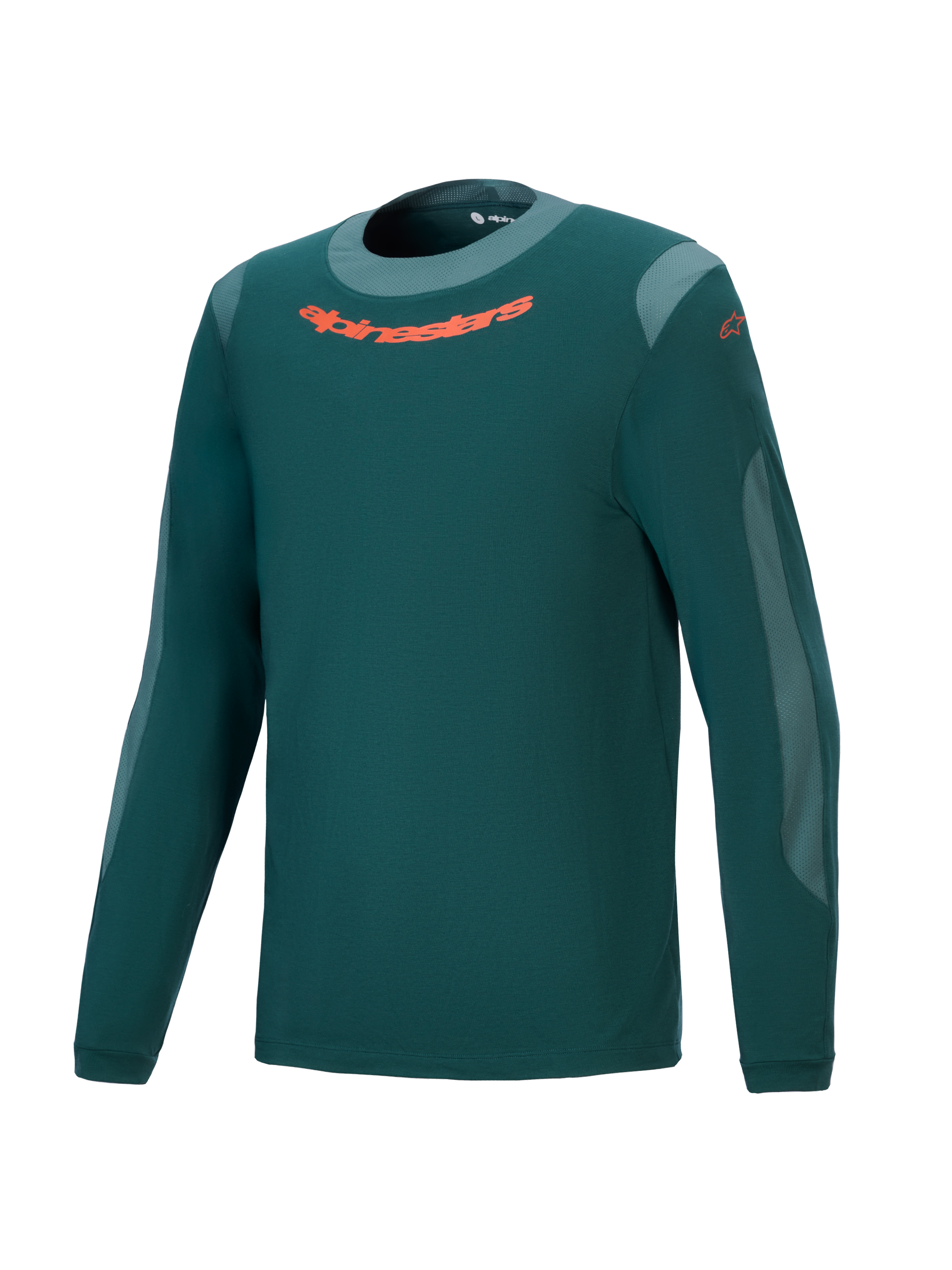 Alpinestars A-Dura Dri Wool Jersey - Long Sleeve, Dark Pine Green, Performance Mountain Bike Jersey with orange chest logo, light gray mesh panels, and round neck