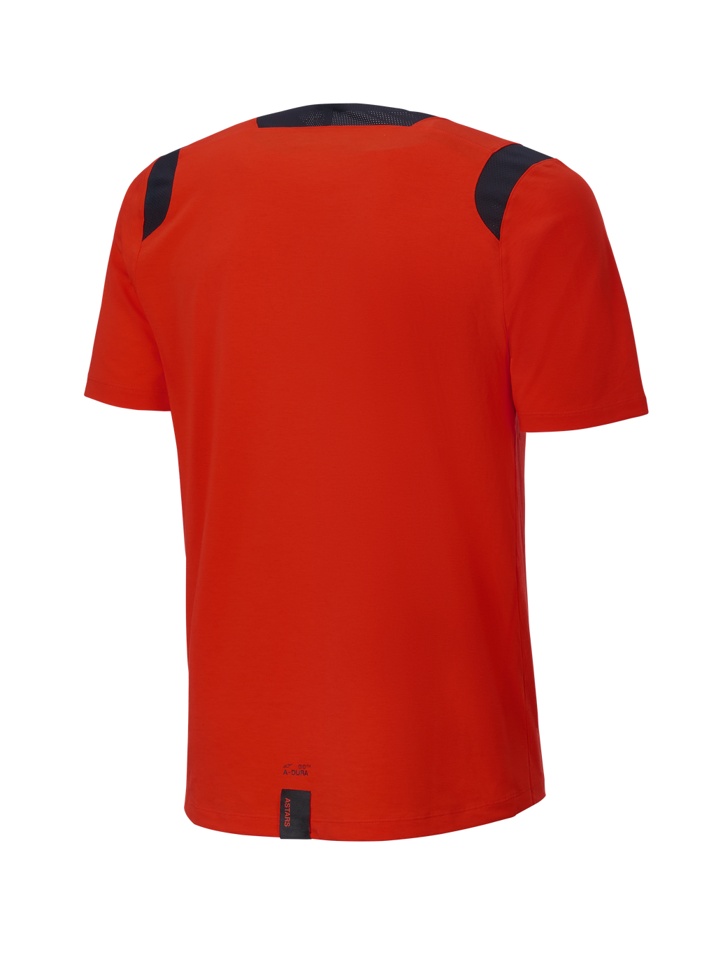 Alpinestars A-Dura Dri Wool kortærmet jersey, Spicy Orange, set bagfra, med sorte mesh-paneler på skuldrene og kraven, længere bagstykke for optimal dækning til trail-kørsel