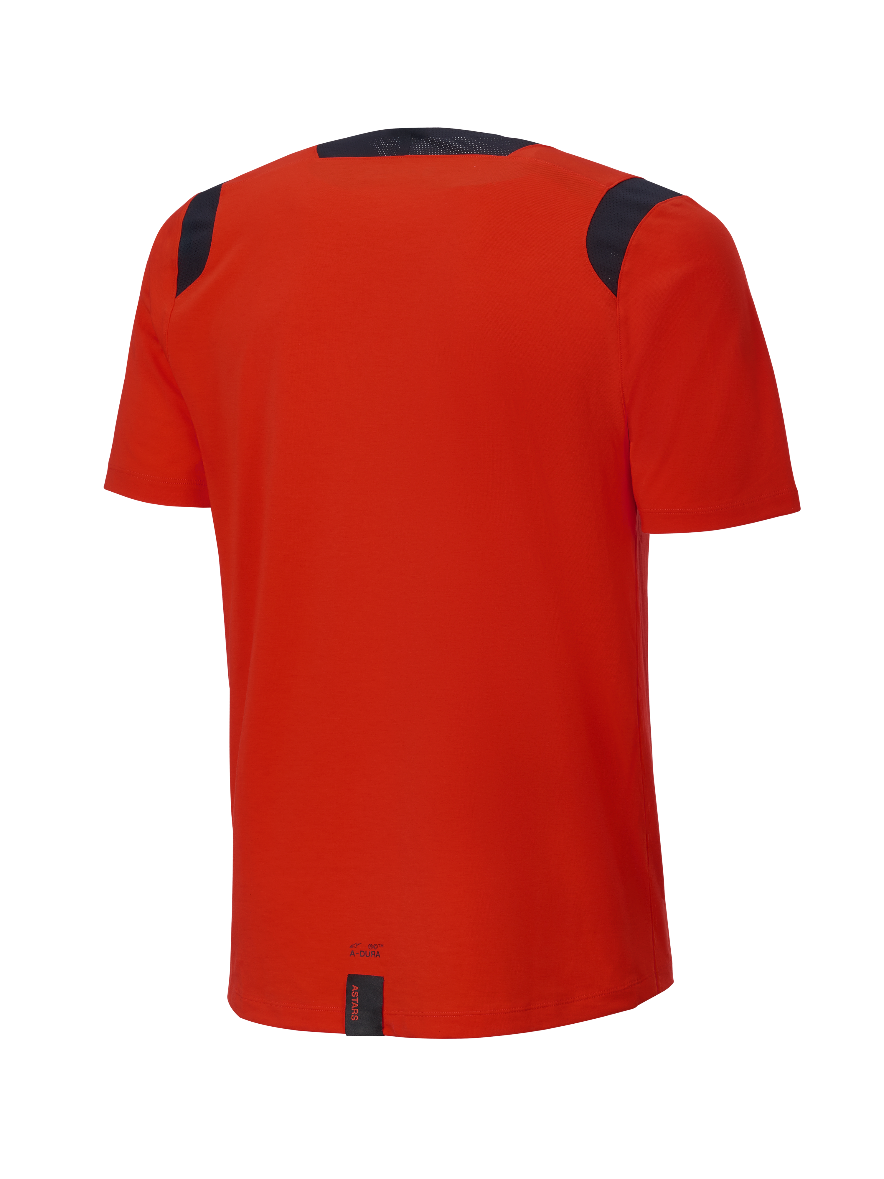 Alpinestars A-Dura Dri Wool kortærmet jersey, Spicy Orange, set bagfra, med sorte mesh-paneler på skuldrene og kraven, længere bagstykke for optimal dækning til trail-kørsel