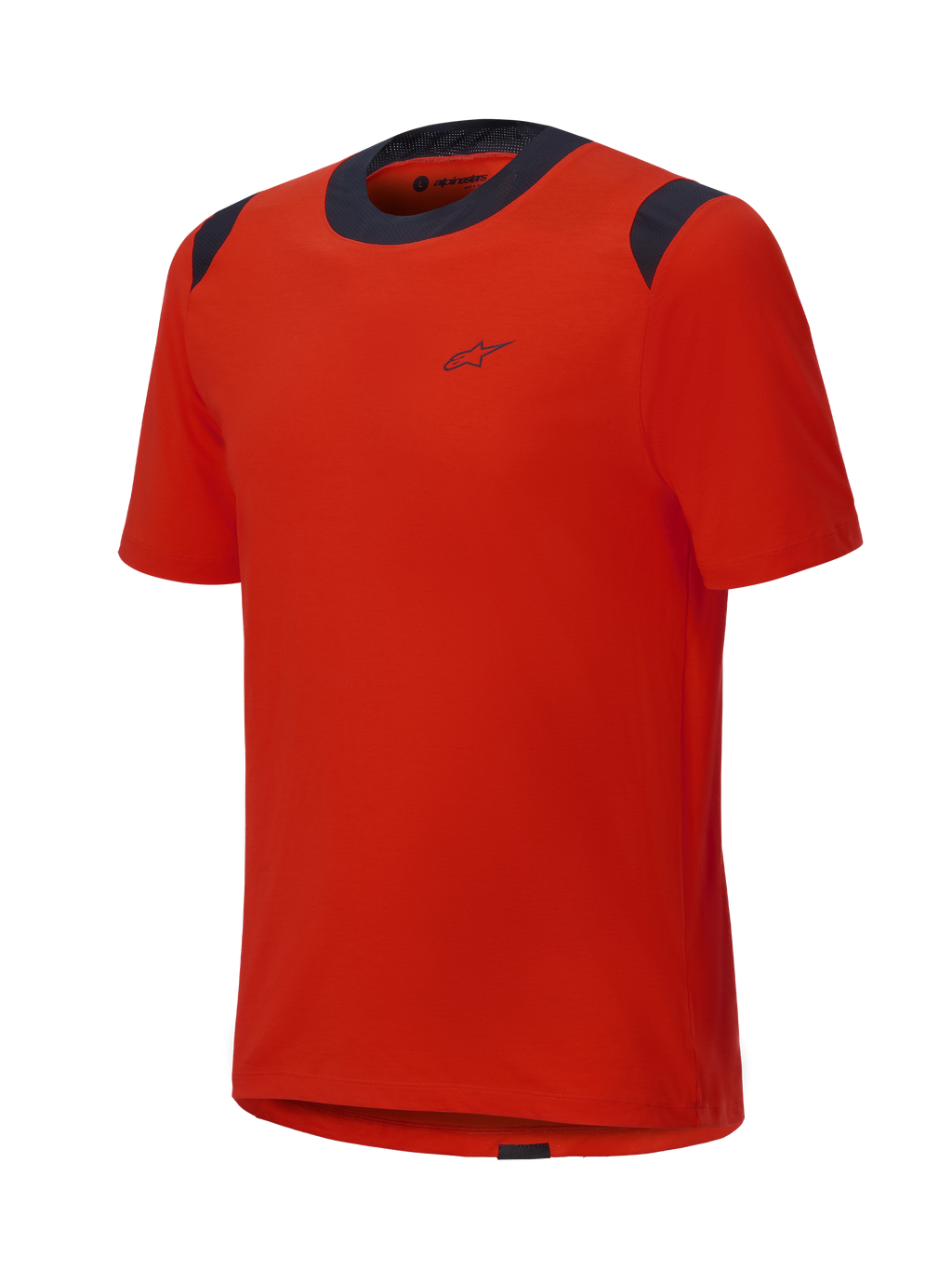 Alpinestars A-Dura Dri Wool kortærmet jersey, Spicy Orange med sorte mesh-paneler på kraven og skuldrene, minimalistisk design med et lille logo på brystet, teknisk mountainbike-beklædning