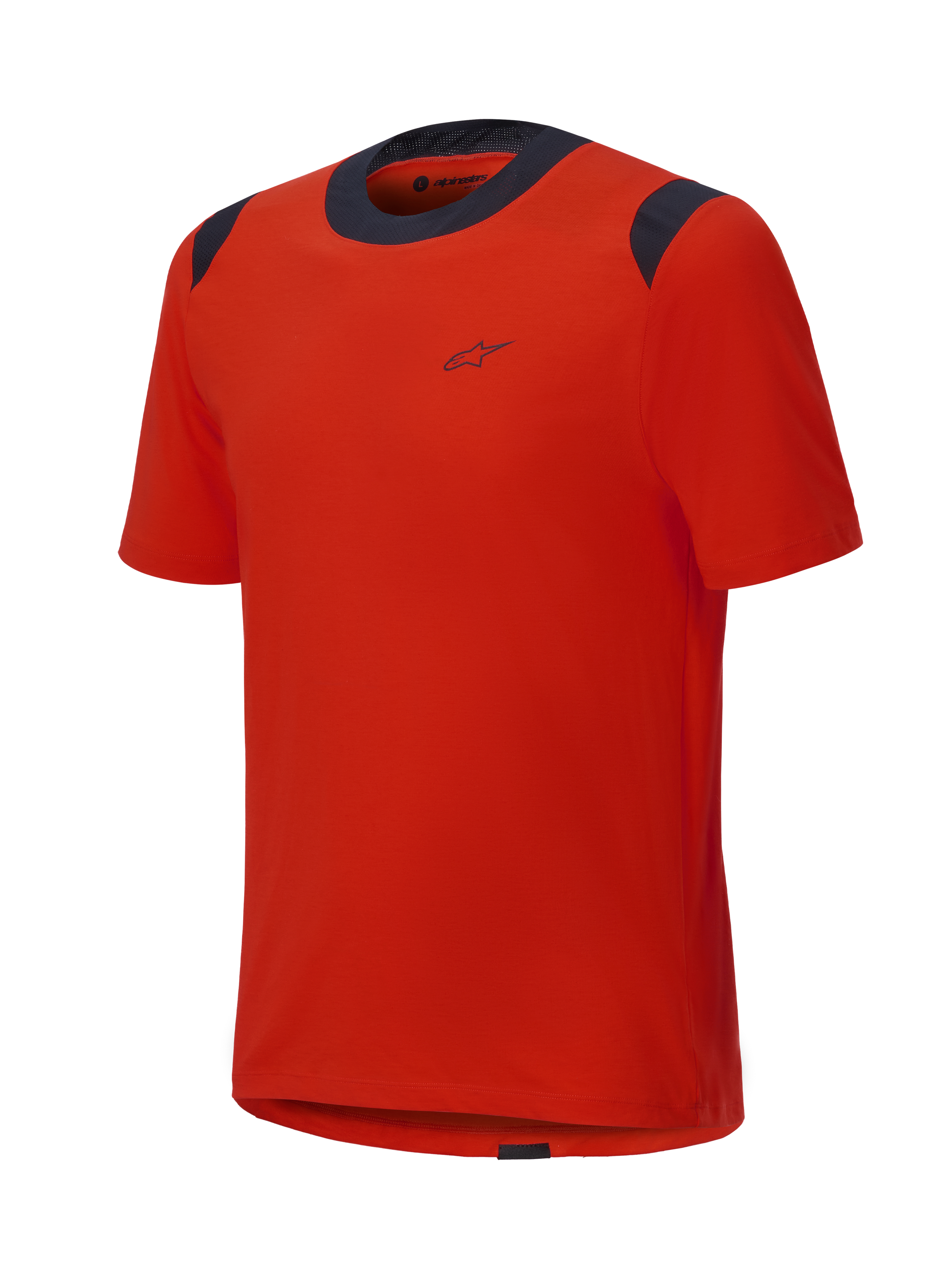 Alpinestars A-Dura Dri Wool kortærmet jersey, Spicy Orange med sorte mesh-paneler på kraven og skuldrene, minimalistisk design med et lille logo på brystet, teknisk mountainbike-beklædning