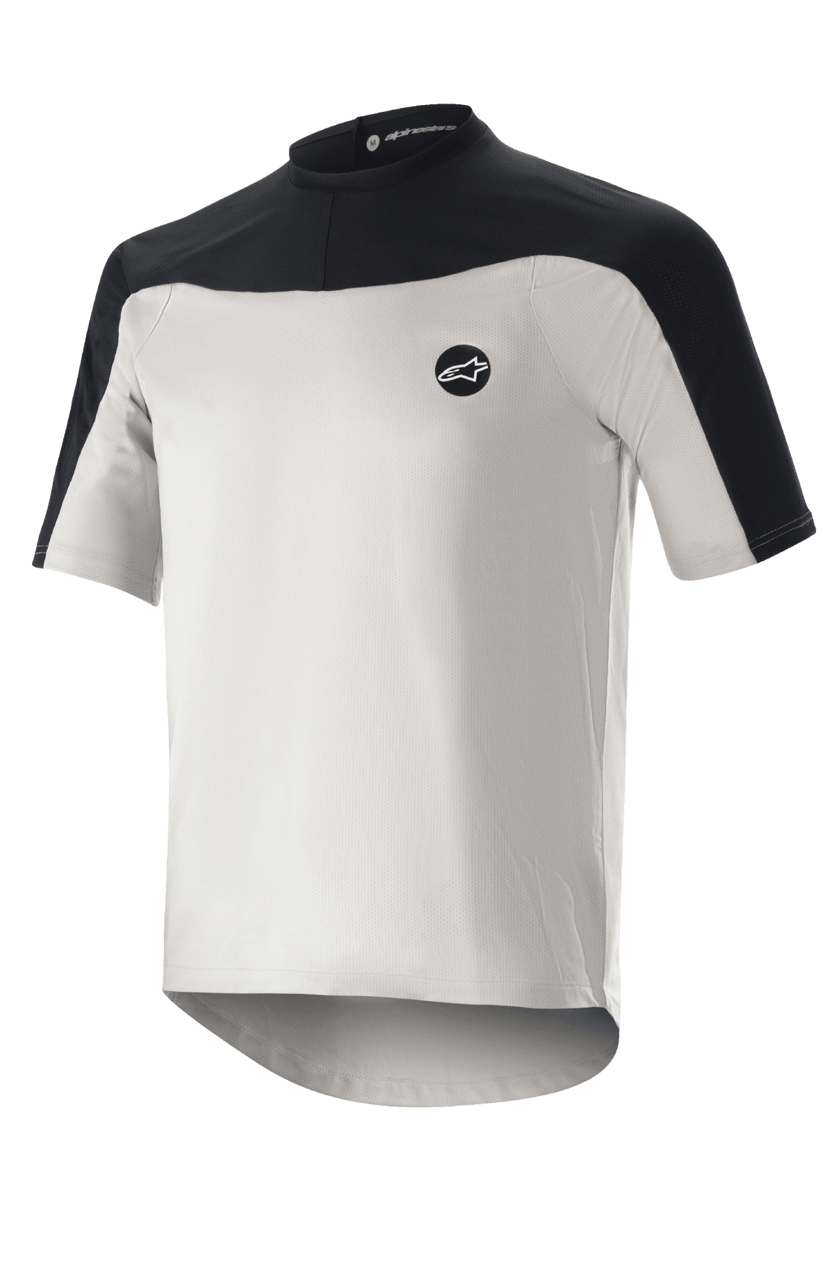 Alpinestars Drop Meta Jersey, kortærmet cykeltrøje, lysegrå og sort, med åndbar mesh-konstruktion, sort skulderbærestykke, rund halsudskæring og forlænget rygstykke for dækning.