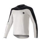 Alpinestars Drop Meta Jersey - Long Sleeve, MTB Mountain Bike Jersey, Light Gray and Black, featuring black shoulder yoke and outer sleeve panels with text branding, extended back hem for coverage, and circular logo on the left chest