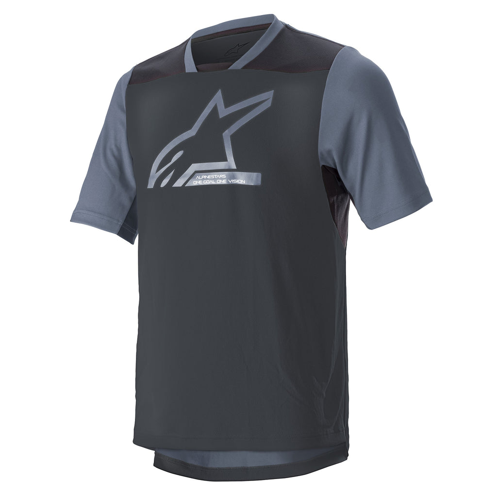 Alpinestars Drop 6 V2 Jersey - Kortærmet, Grisaille sort, MTB-trøje, teknisk poly-stof med mørkegrå krop og lysegrå ærmer, stort sølvfarvet Alpinestars-logo på brystet, mesh-paneler for øget luftgennemstrømning, afslappet pasform til terrænkørsel