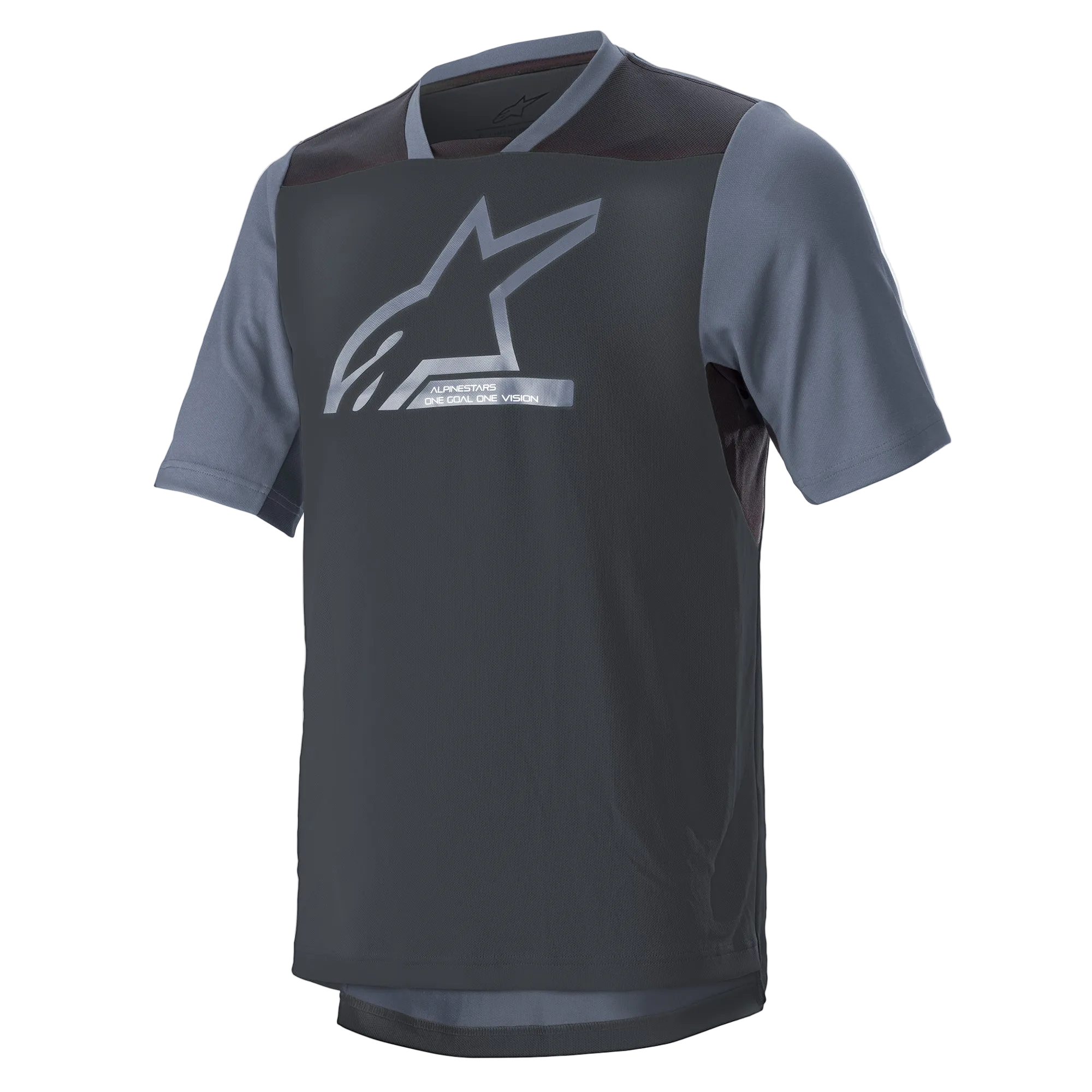 Alpinestars Drop 6 V2 Jersey - Short Sleeve, Grisaille Black, MTB Jersey, technical poly-fabric with dark grey body and light grey sleeves, large silver Alpinestars logo on chest, mesh inserts for airflow, relaxed fit for off-road cycling
