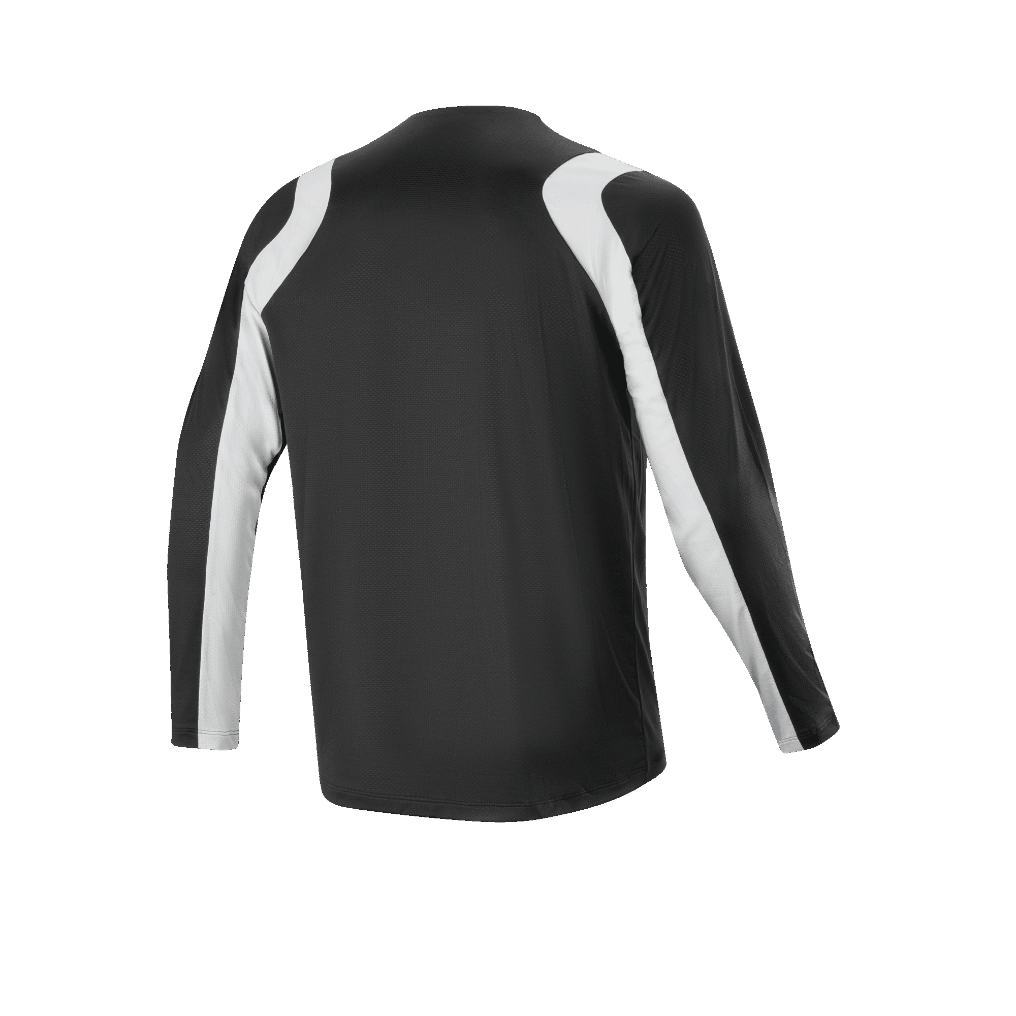 Alpinestars A-Supra Oscar Jersey, langærmet, sort, set bagfra, med buede hvide paneler på skuldre og ærmer, letvægts og åndbart MTB-cykeltøj