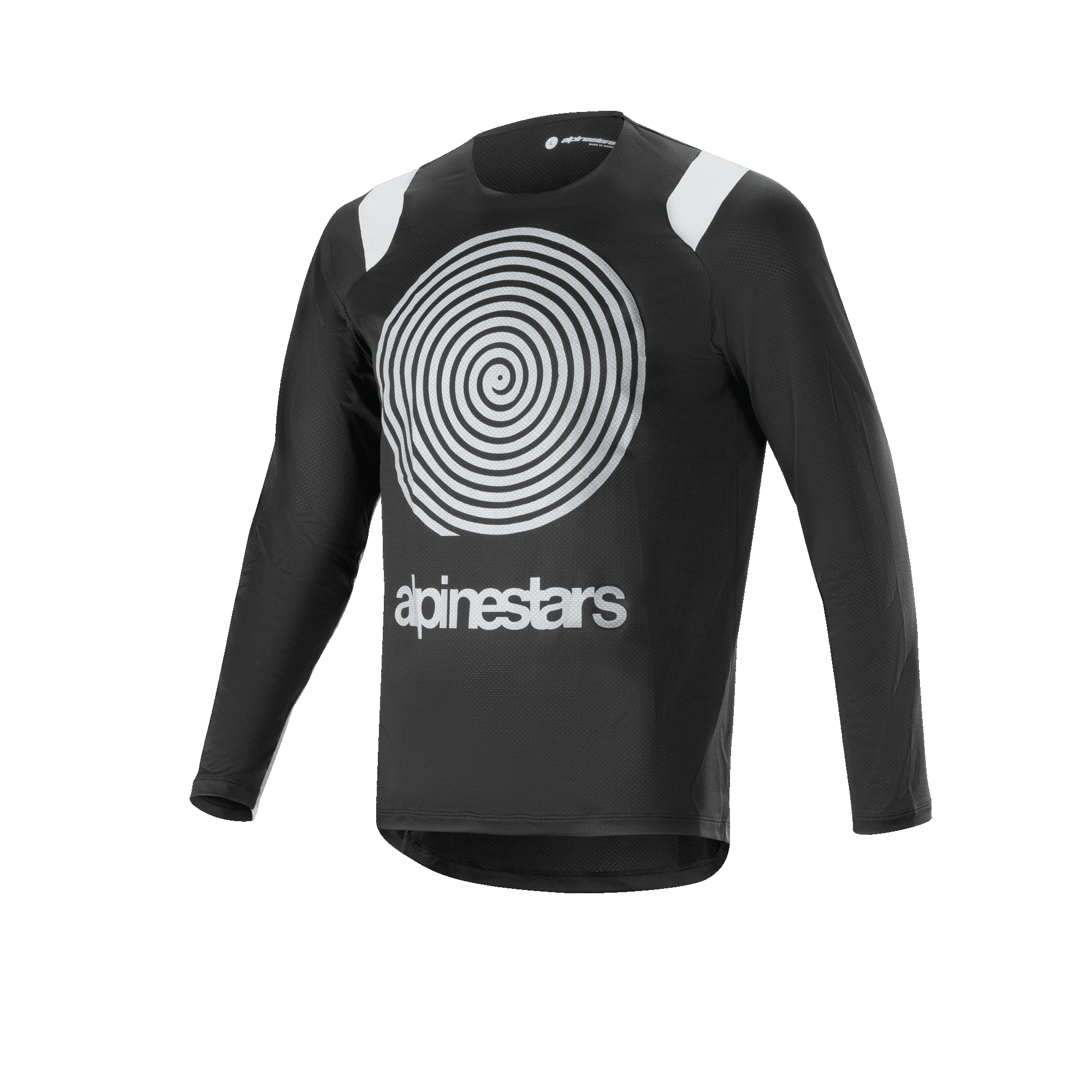 Alpinestars A-Supra Oscar langærmet trøje, sort cykeltrøje med stor hvid Oscar spiral-grafik på brystet, hvide detaljer på skuldrene, Alpinestars-logo, letvægt og åndbar til MTB gravity-kørsel